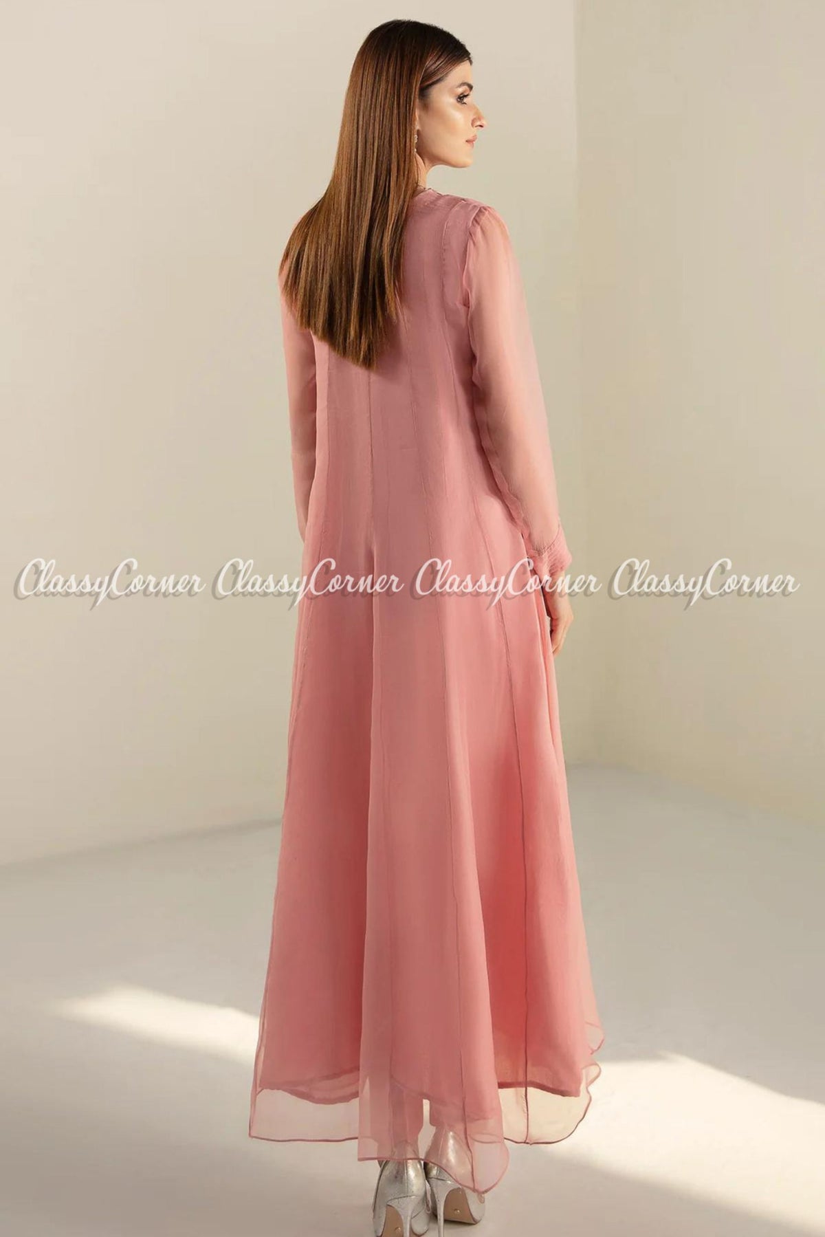 Light Pink Plain Chiffon Pakistani Maxi Dress