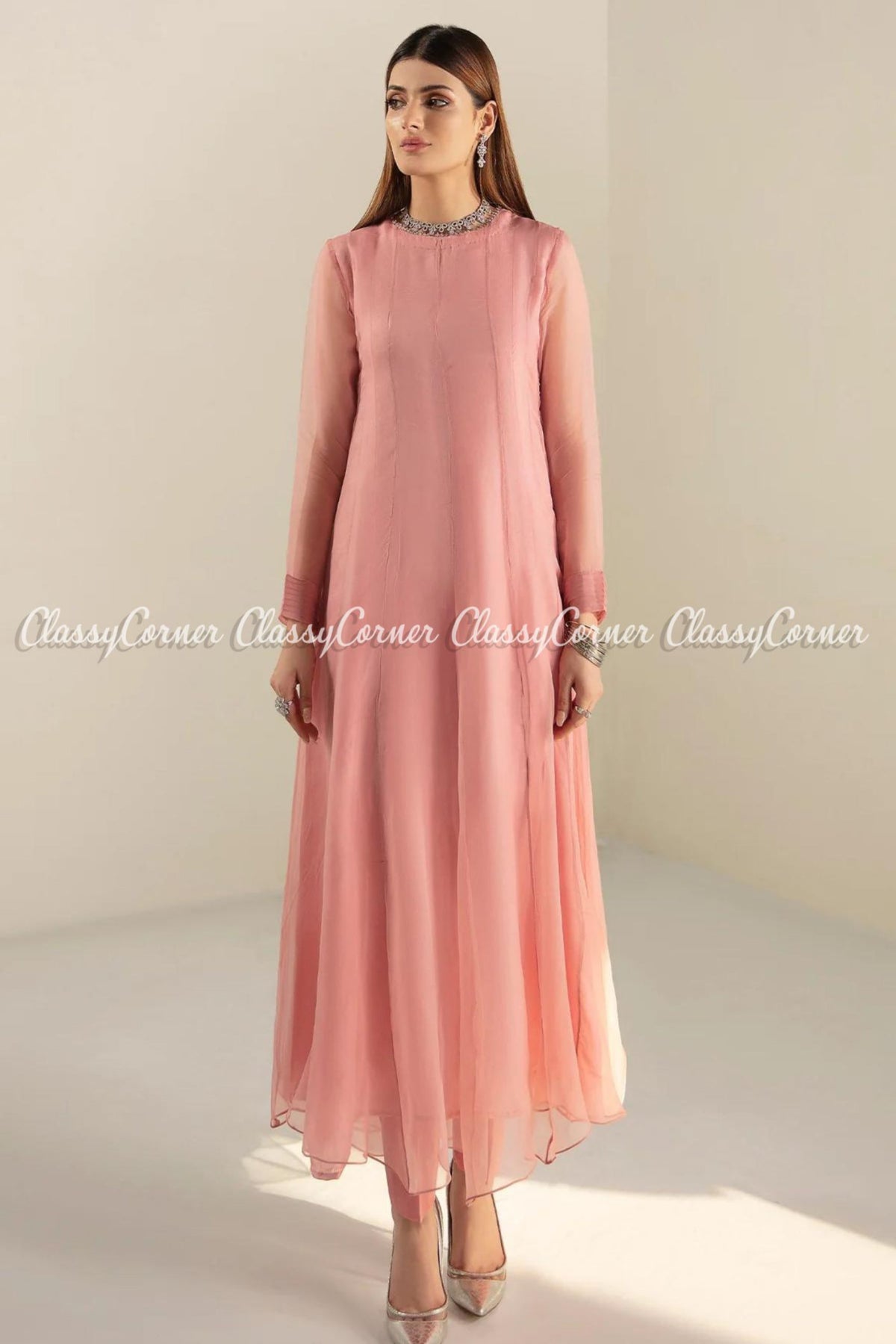 Light Pink Plain Chiffon Pakistani Maxi Dress