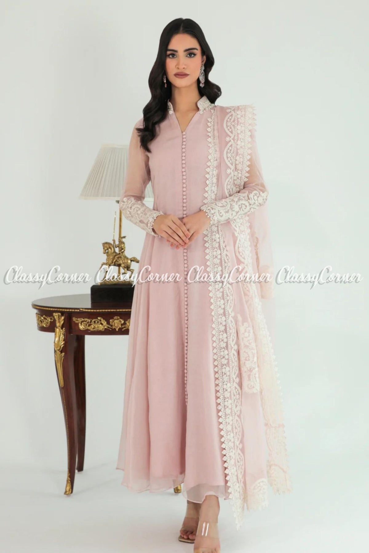 Pakistani Light Pink White Chiffon Embroidered Frock Dress