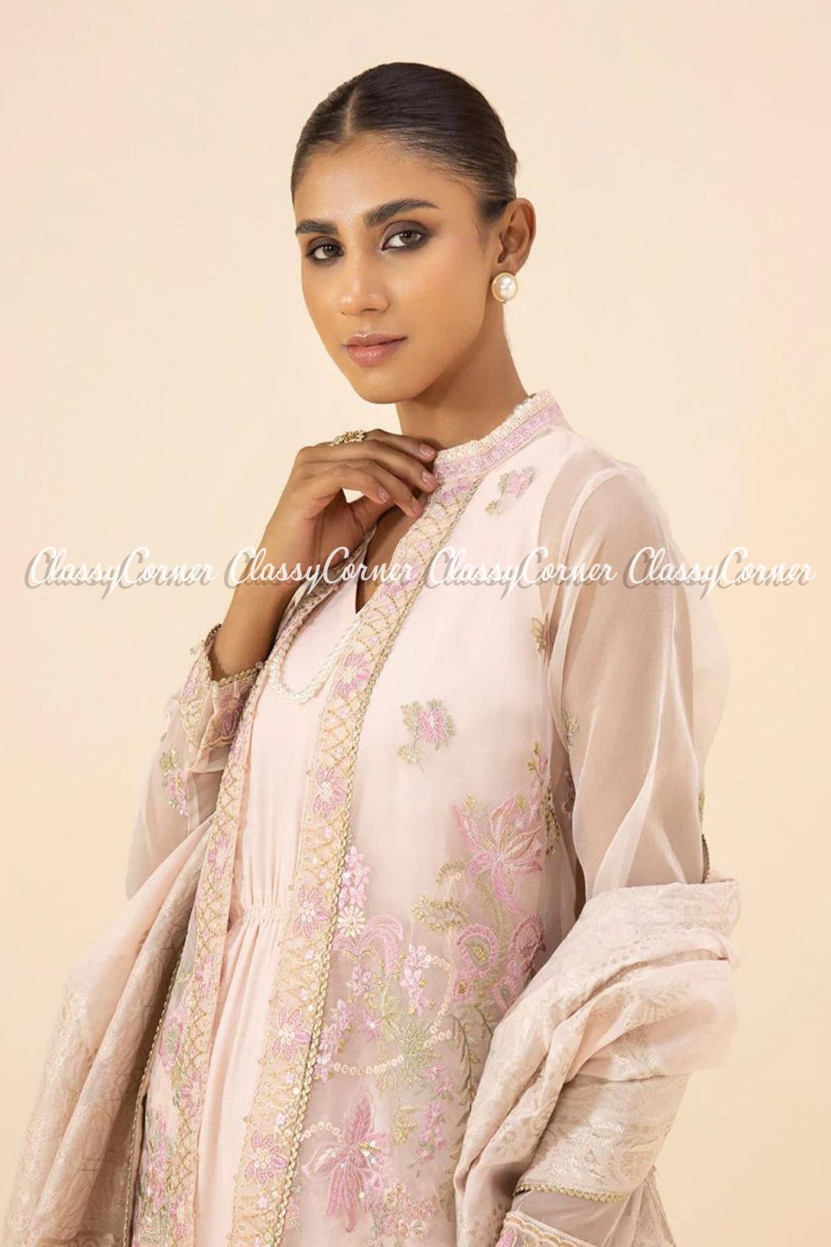 Light Pink Organza Embellished Pakistani Salwar Kameez