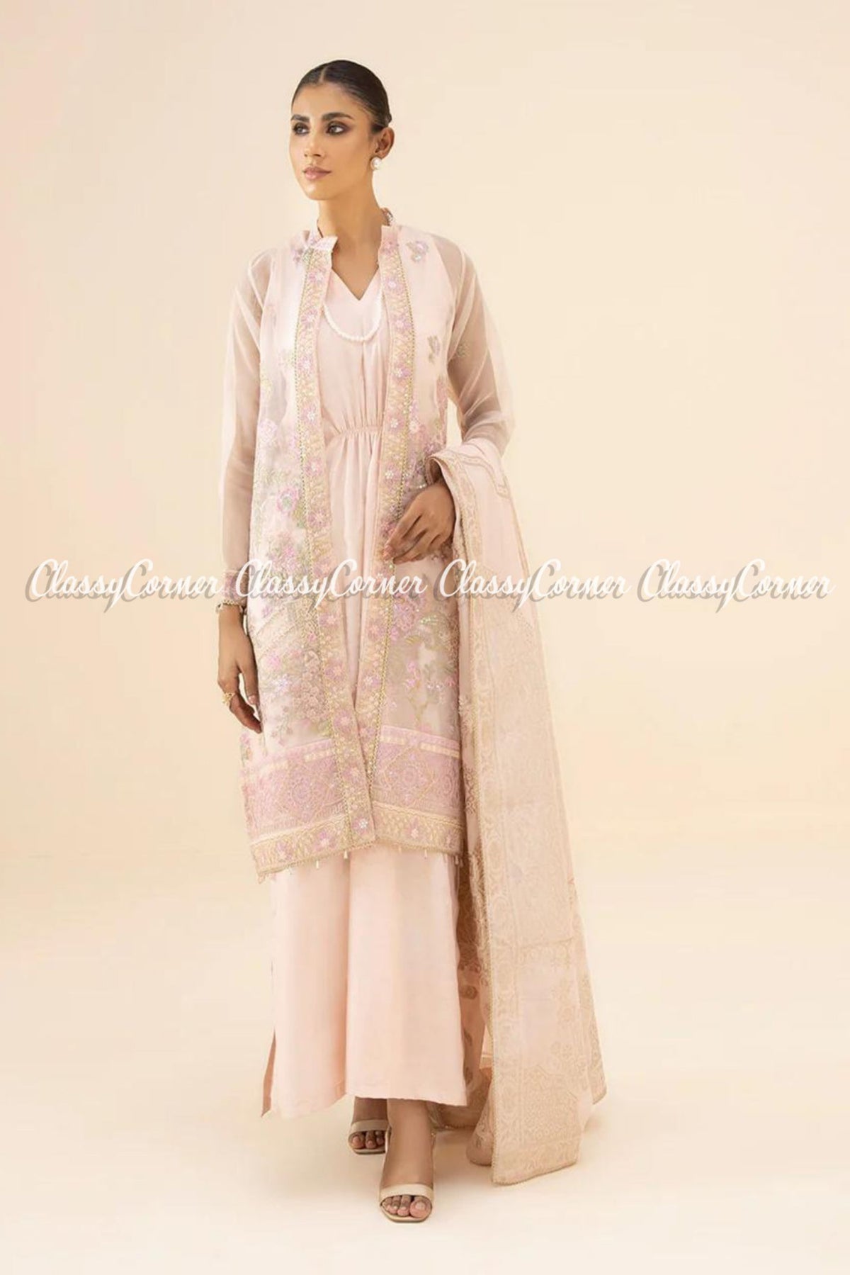 Light Pink Organza Embellished Pakistani Salwar Kameez