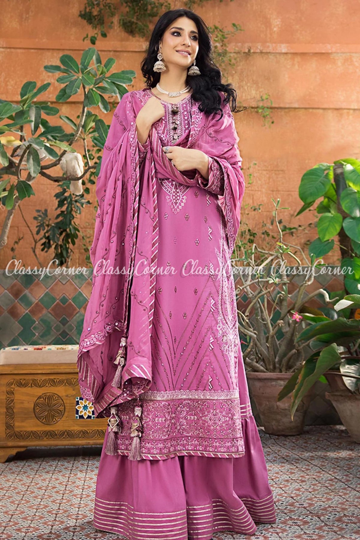 Lilac Silver Embroidered Lawn Gharara Dress