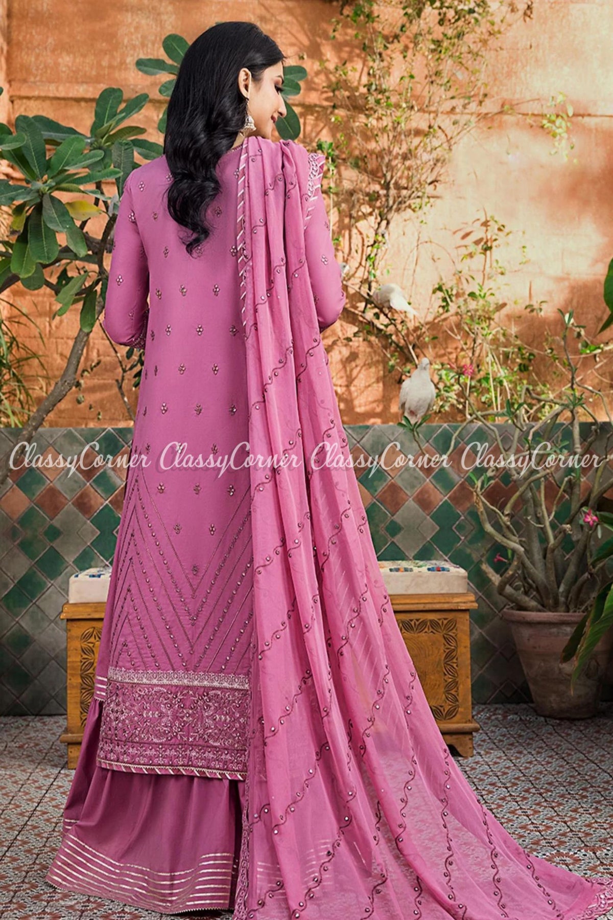 Lilac Silver Embroidered Lawn Gharara Dress