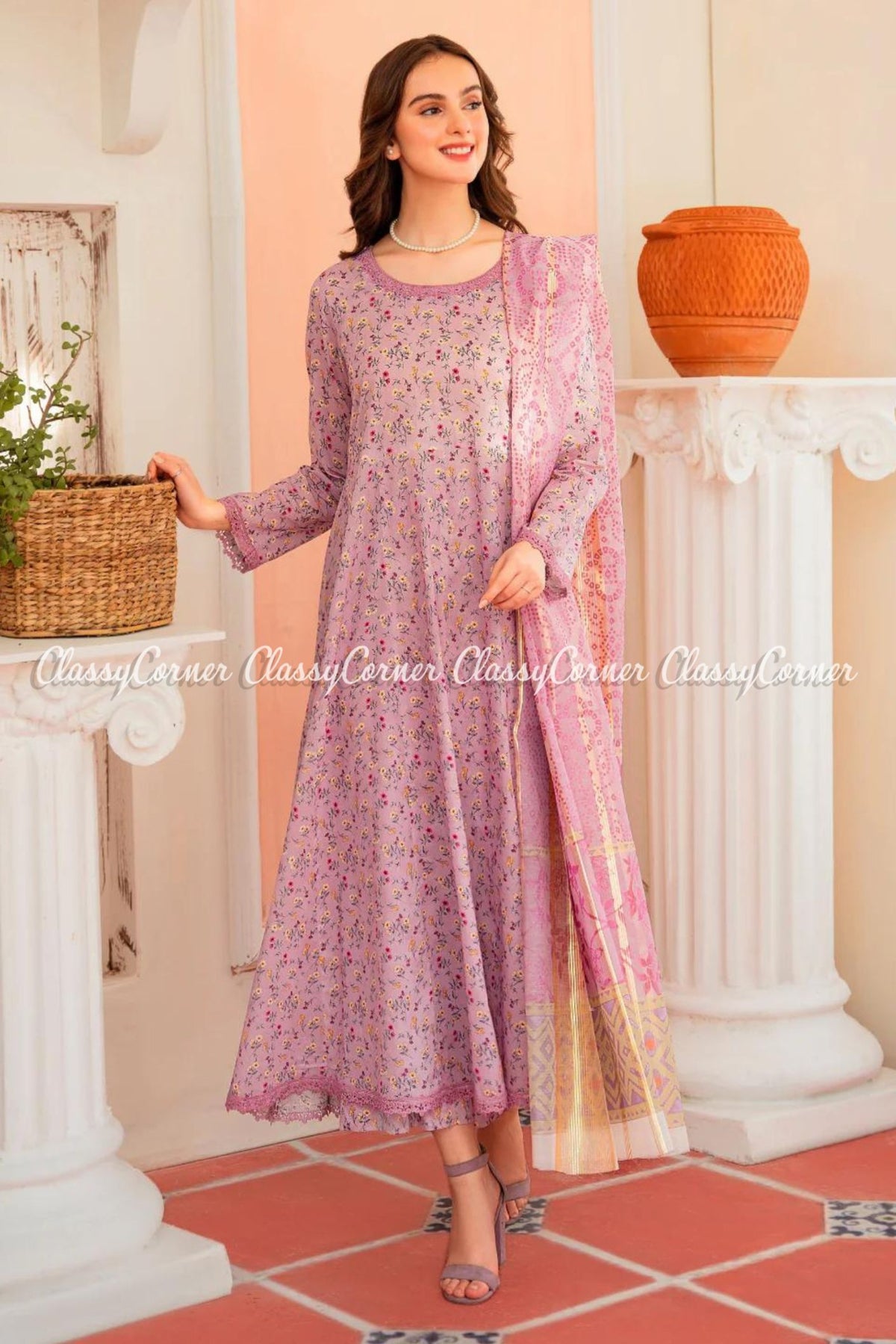 Lilac Cotton Printed Readymade Frock Dress