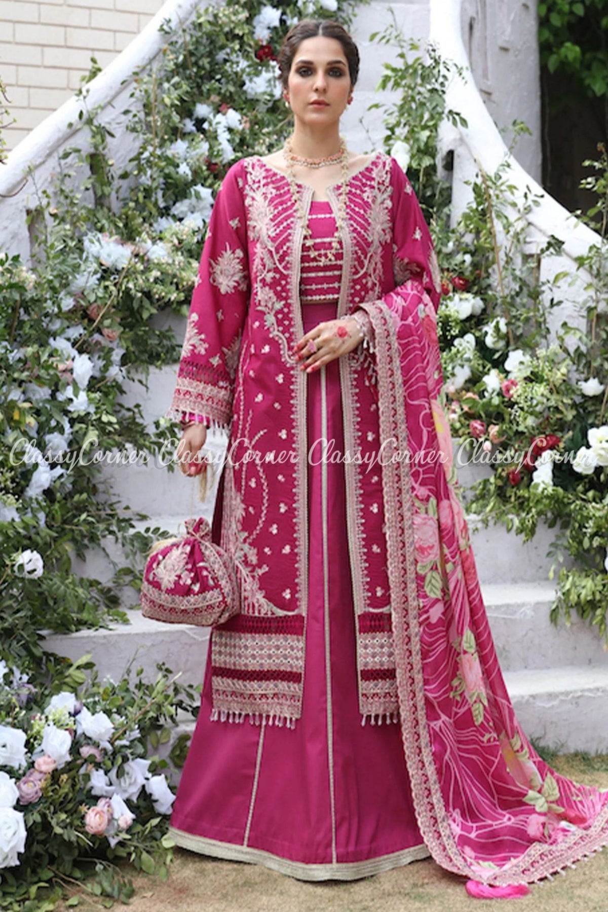 Magenta Golden Lawn Embroidered Gown Lehenga Dress