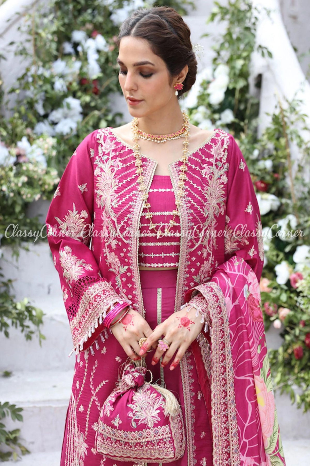 Magenta Golden Lawn Embroidered Gown Lehenga Dress