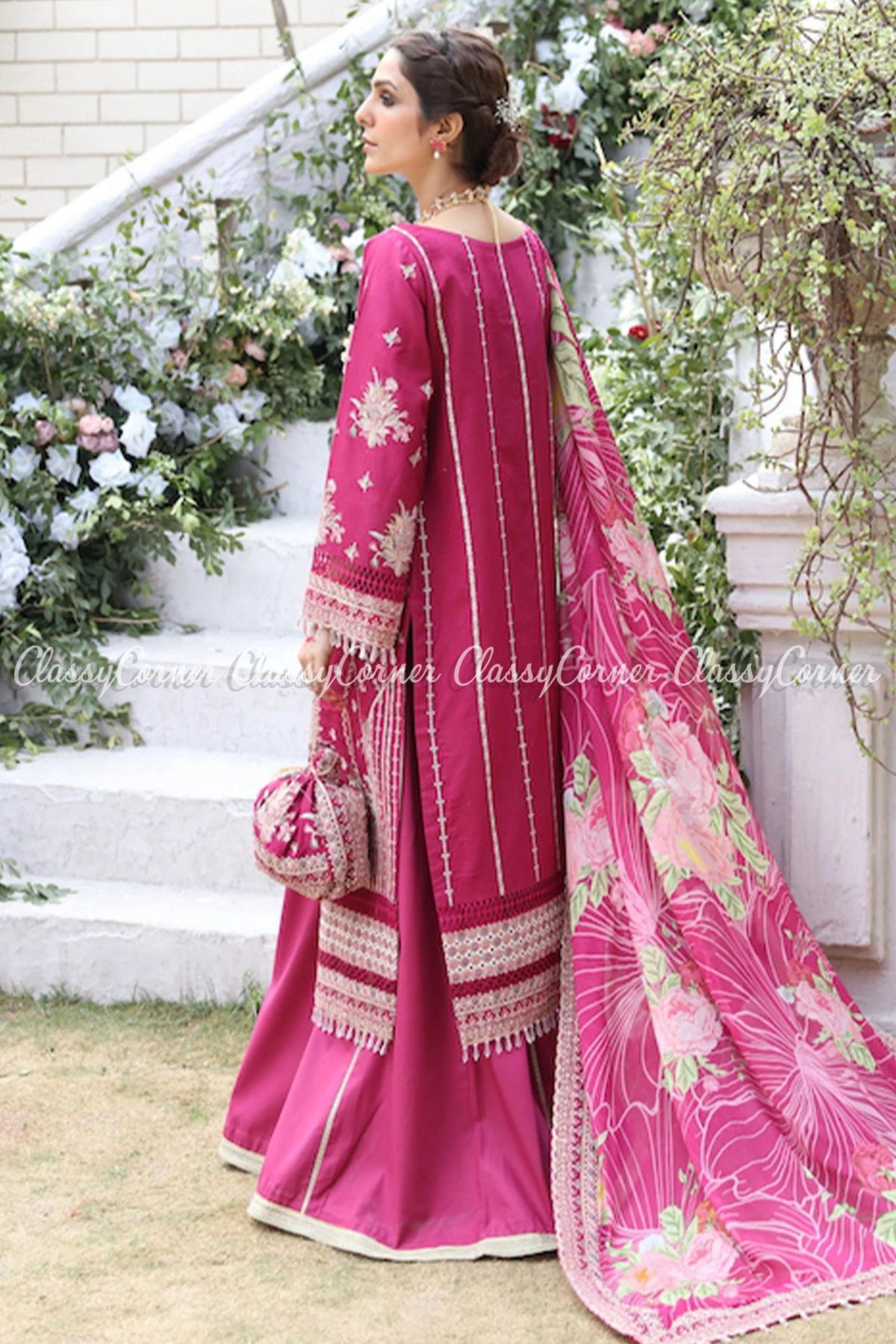 Magenta Golden Lawn Embroidered Gown Lehenga Dress