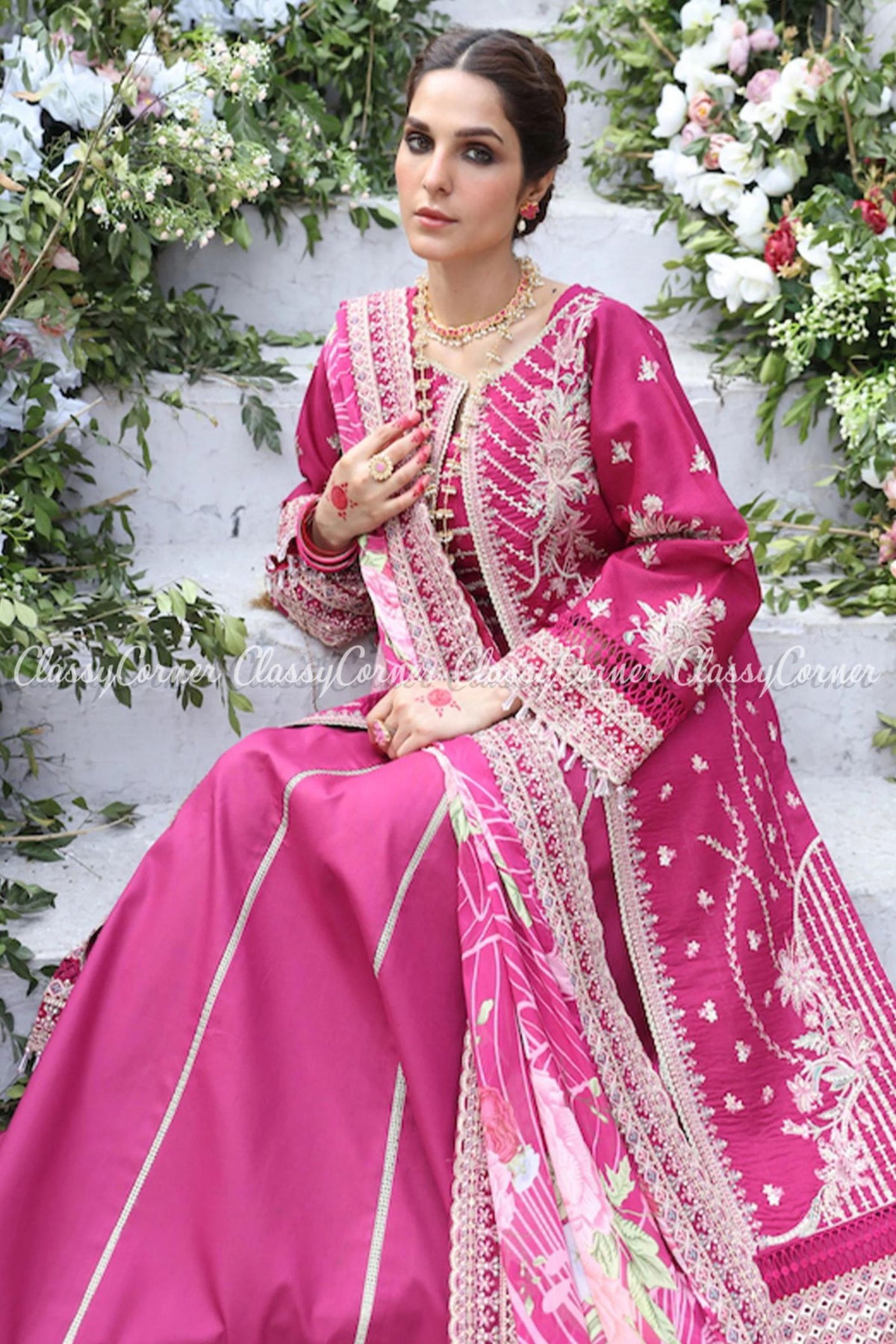 Magenta Golden Lawn Embroidered Gown Lehenga Dress