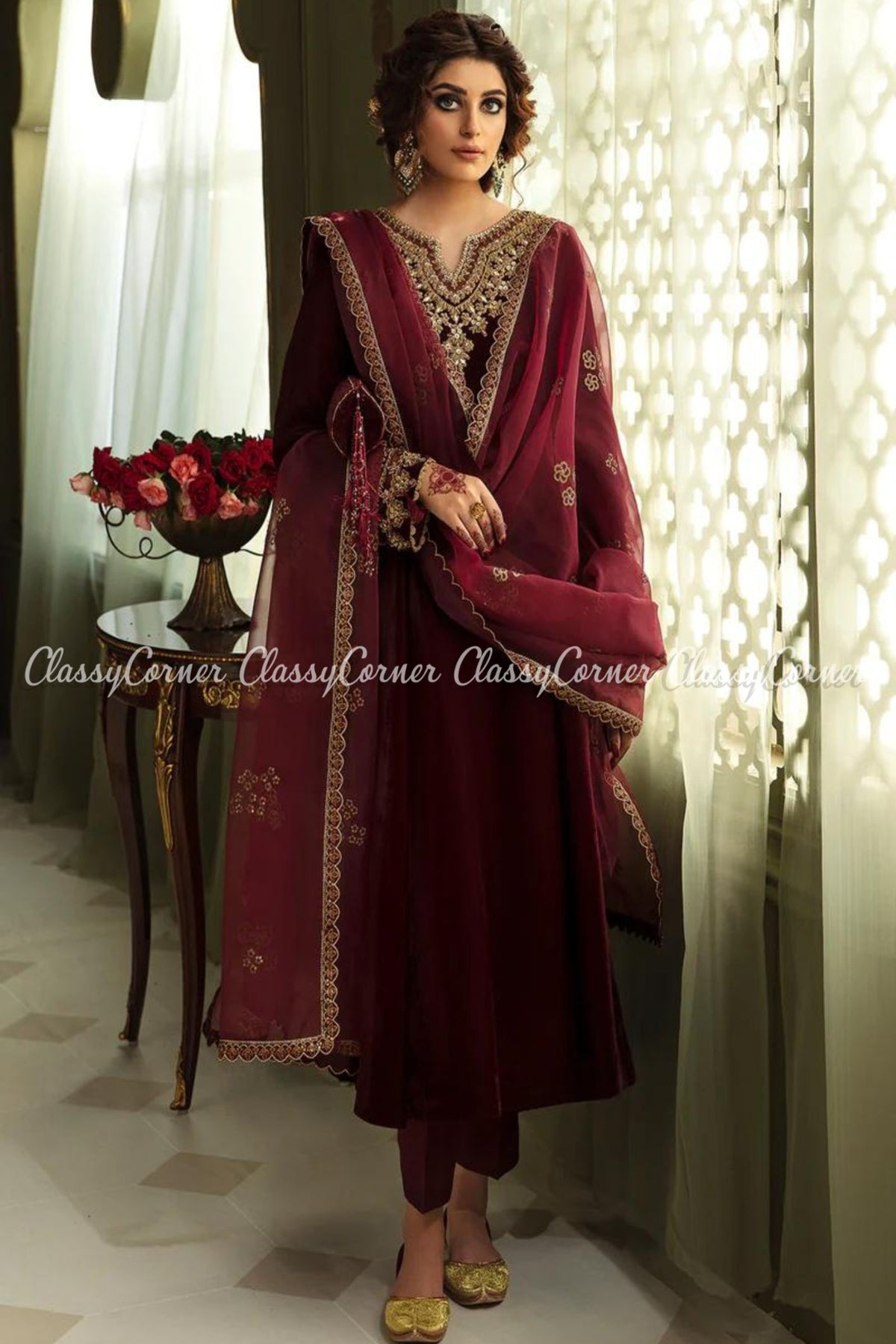 Magenta Velvet Embroidered Frock Style Suit