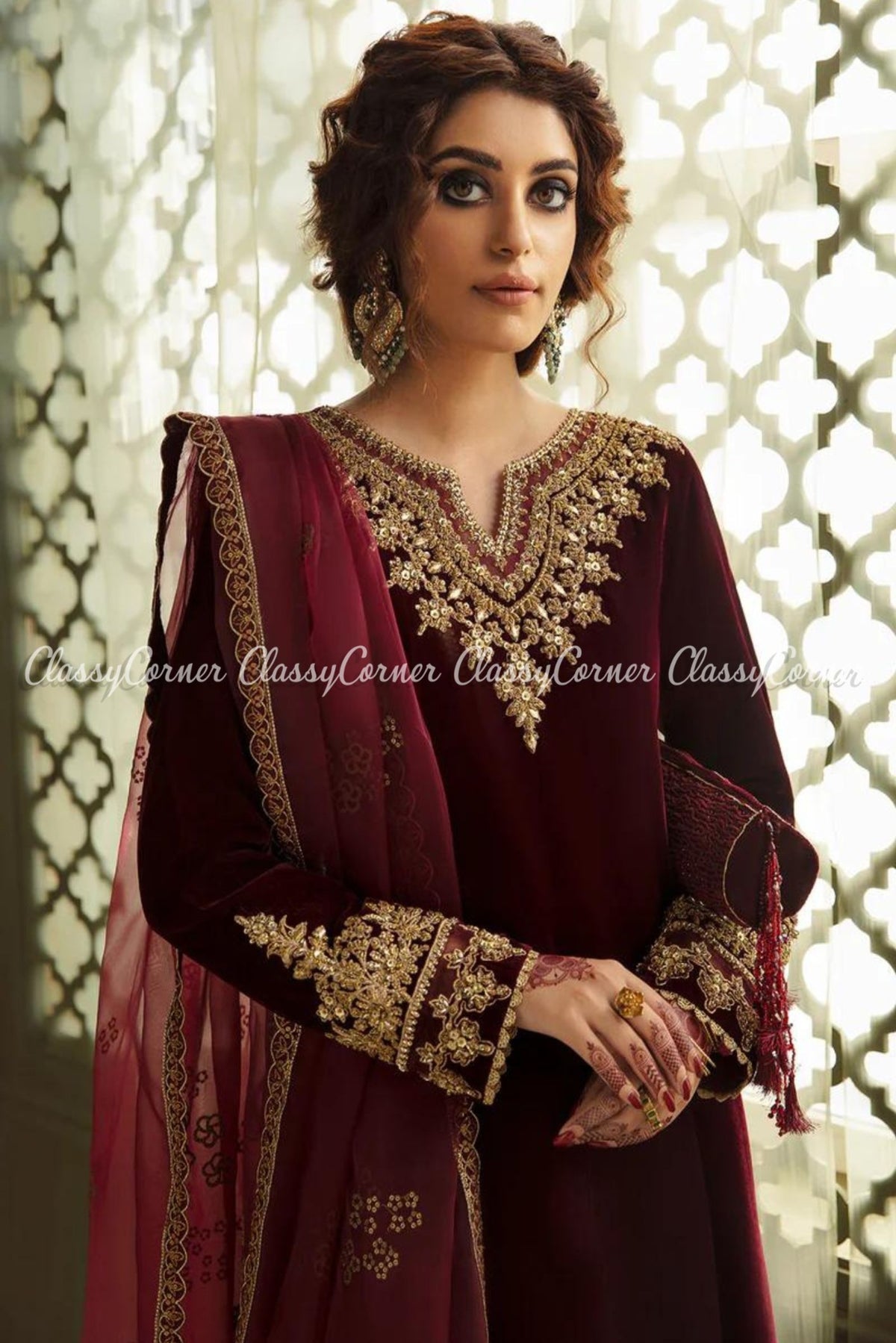 Magenta Velvet Embroidered Frock Style Suit