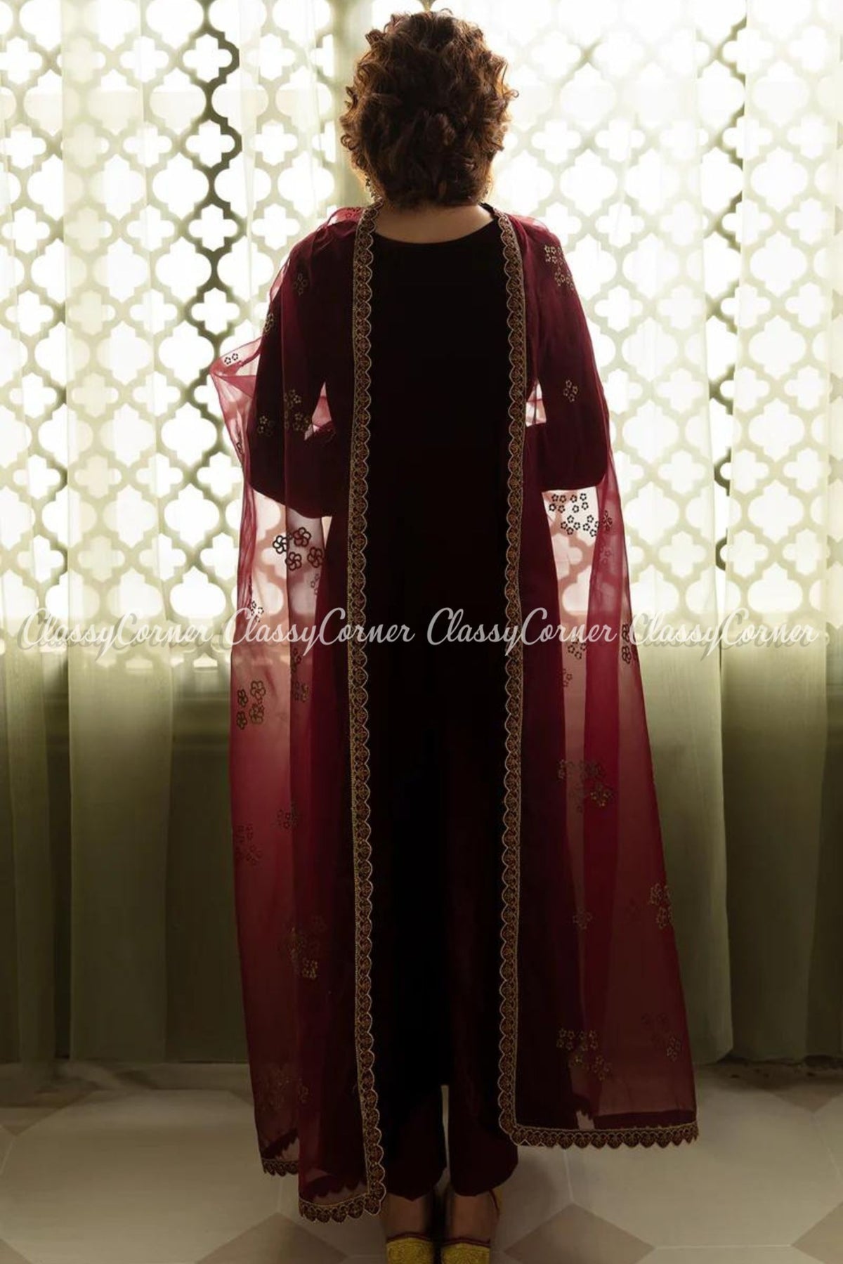 Magenta Velvet Embroidered Frock Style Suit