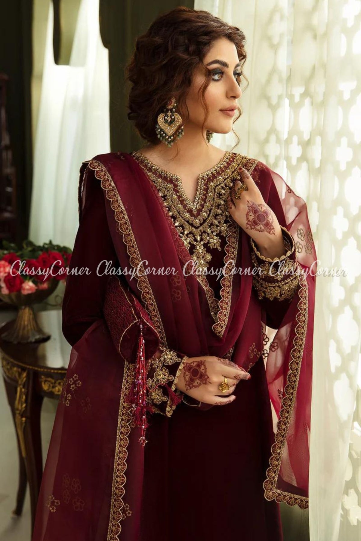 Magenta Velvet Embroidered Frock Style Suit