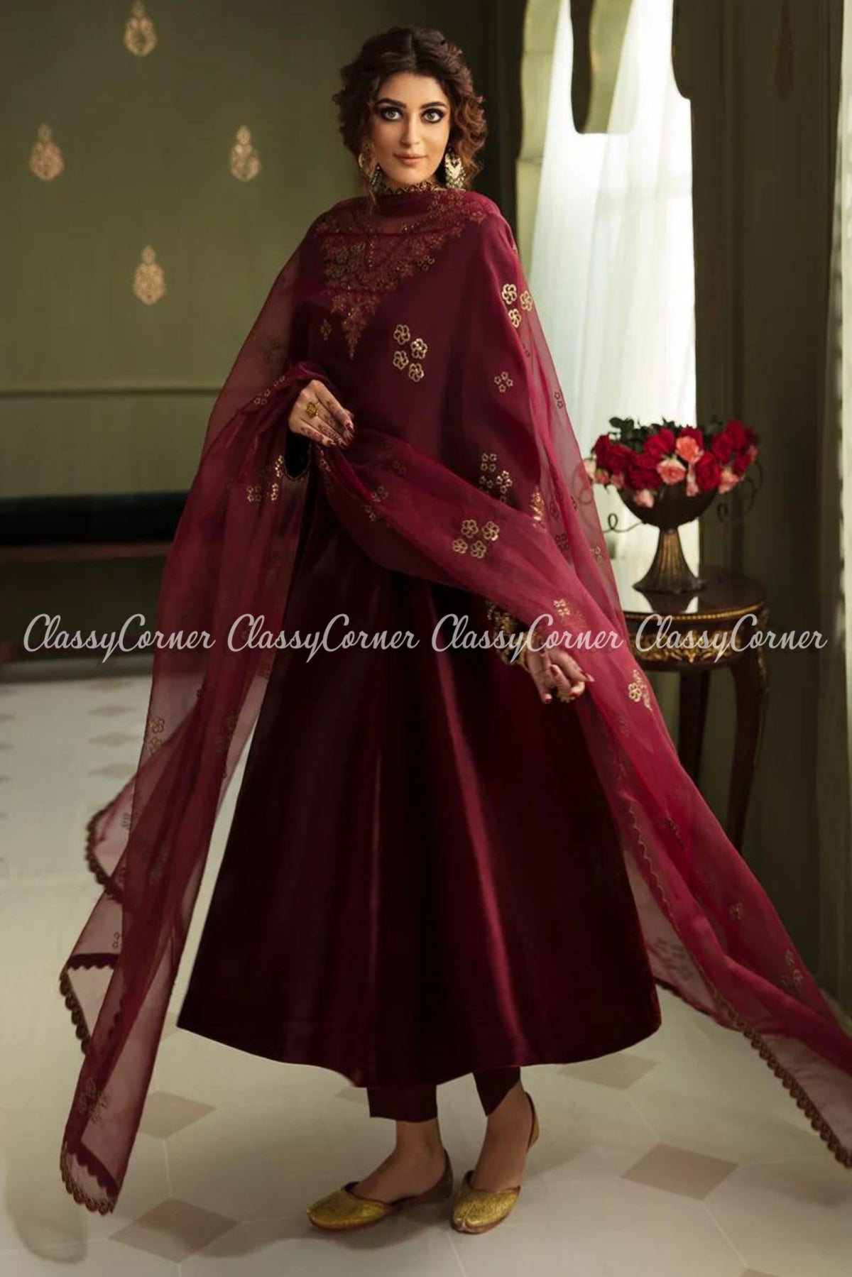 Magenta Velvet Embroidered Frock Style Suit