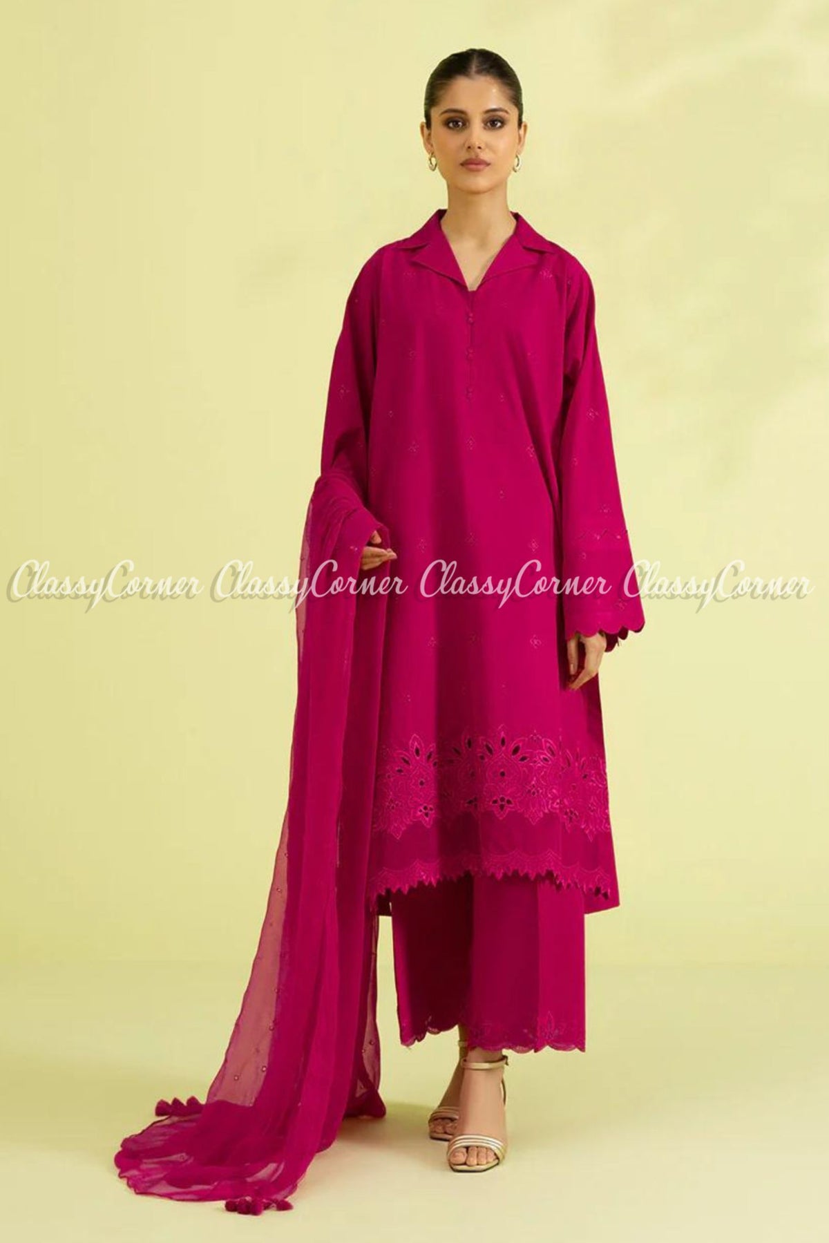 Magenta Cambric Embroidered Formal Wear Salwar Kameez