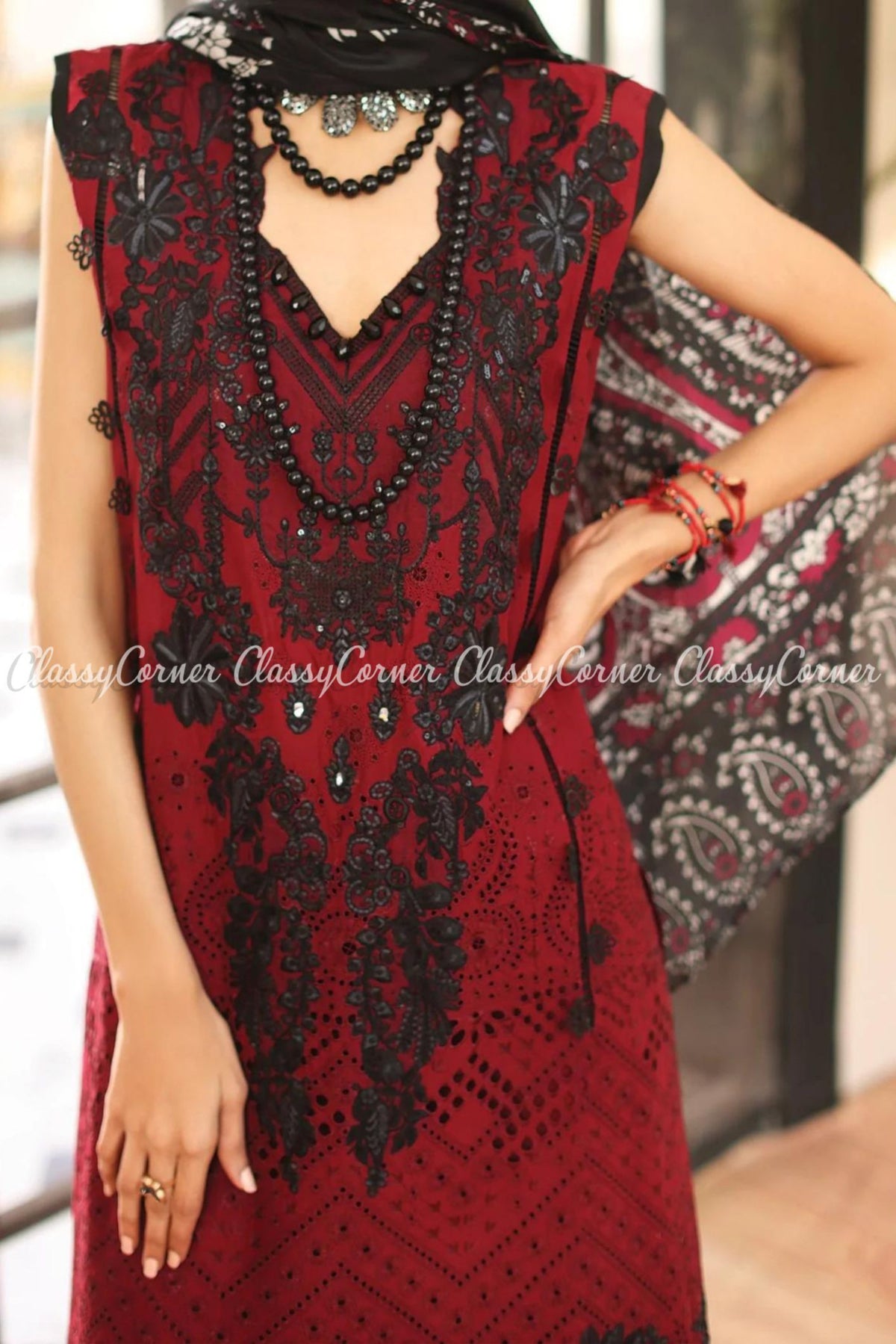 Maroon Red Black Lawn Embroidered Salwar Kameez