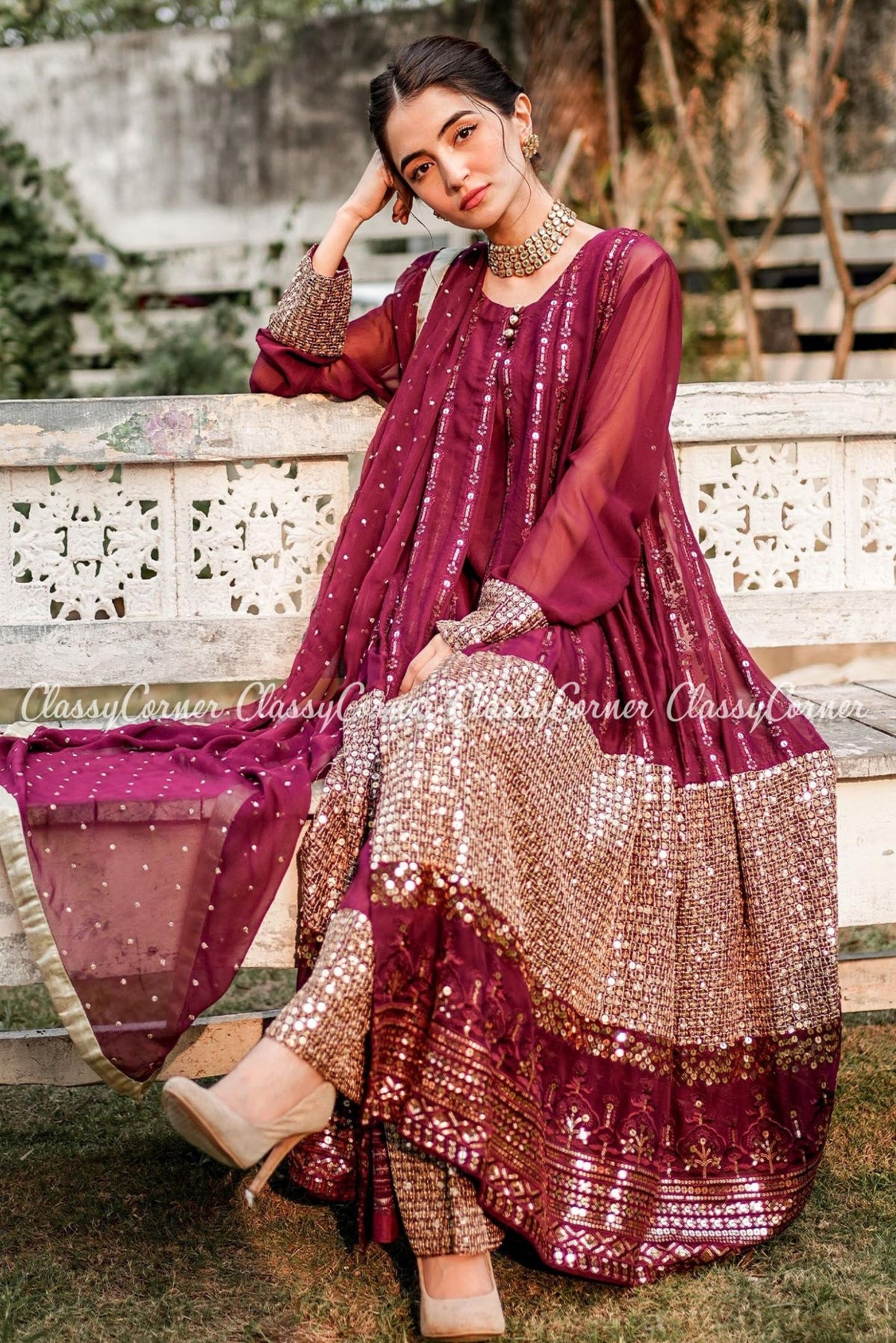 Maroon Chiffon Embroidered Party Wear Gown