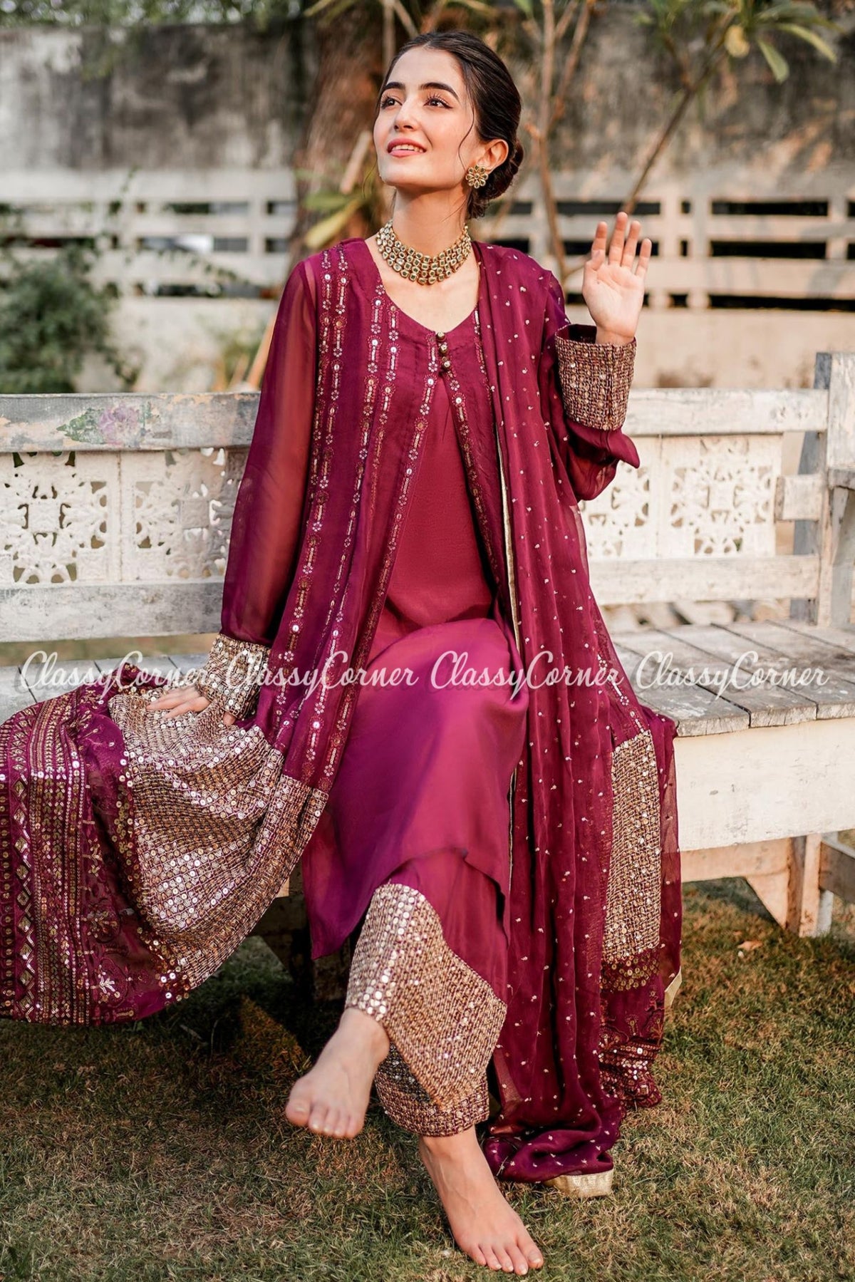 Maroon Chiffon Embroidered Party Wear Gown