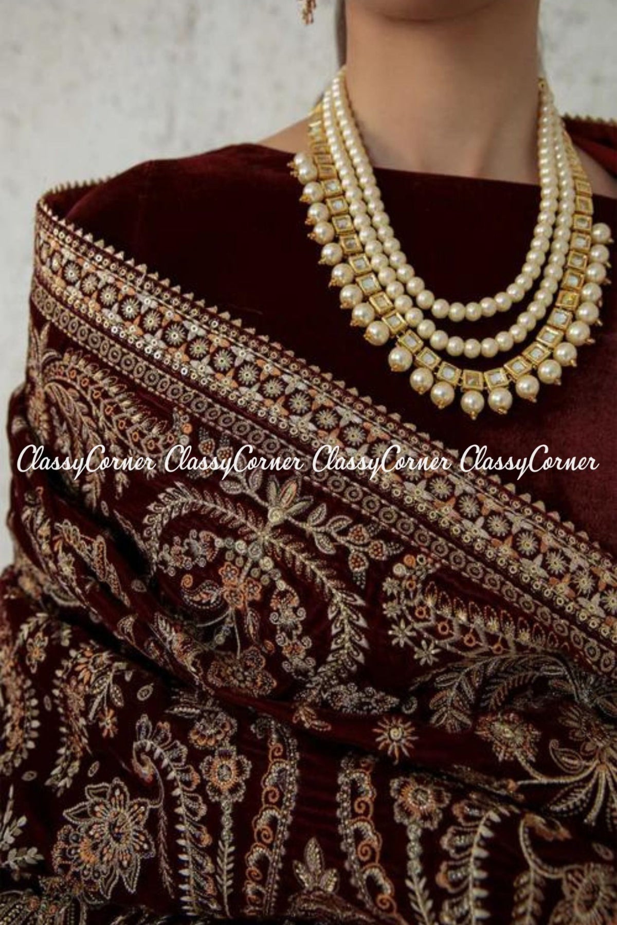 Fancy Maroon Golden Velvet Embroidered Pakistani Shawl