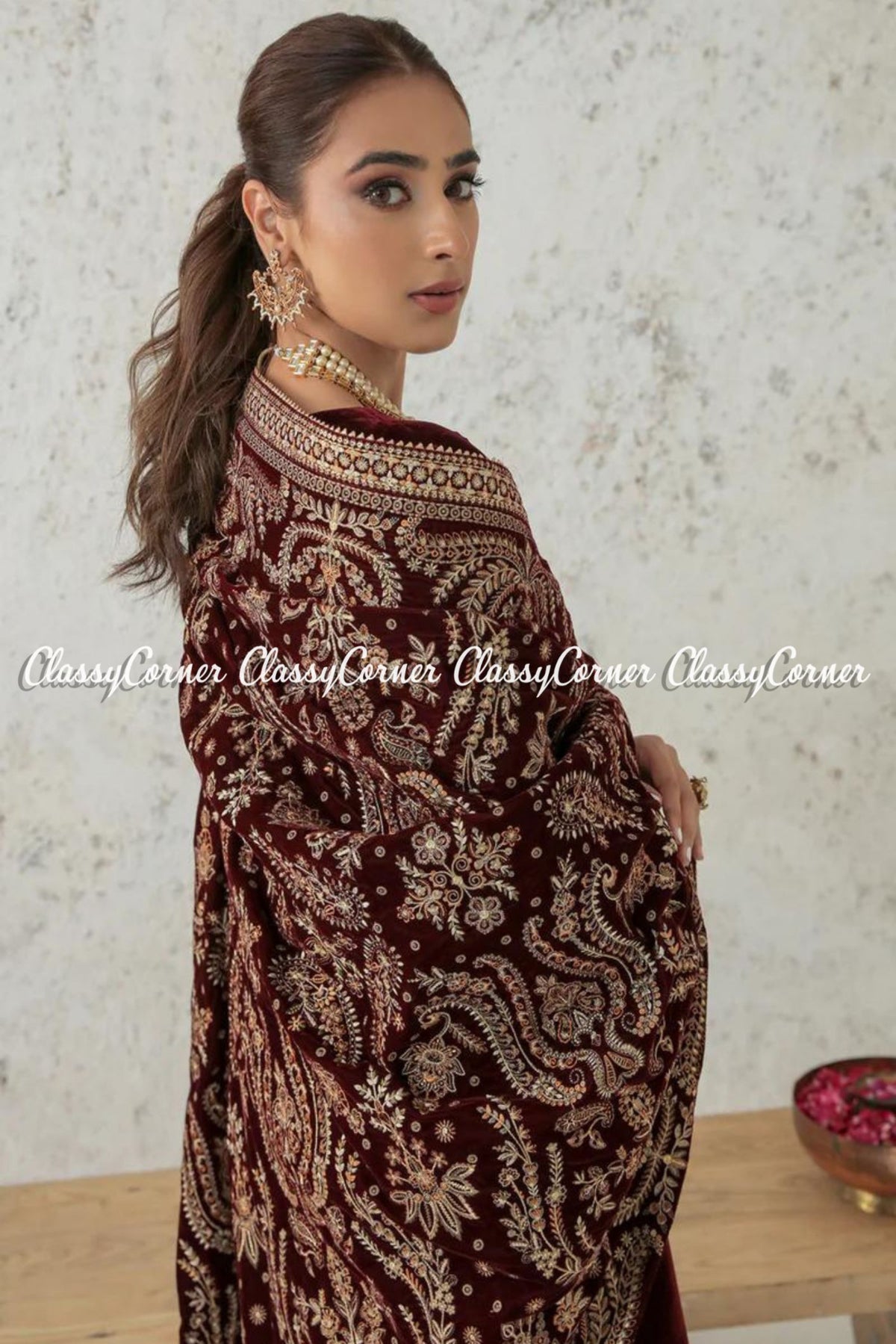 Fancy Maroon Golden Velvet Embroidered Pakistani Shawl