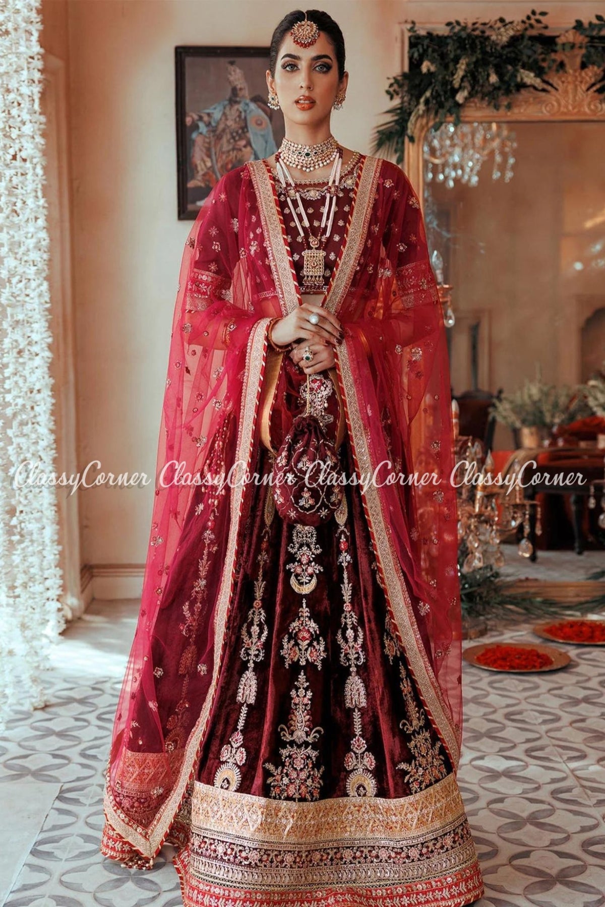 Maroon Golden Embroidered Pakistani Bridal Wear Lehenga Outfit