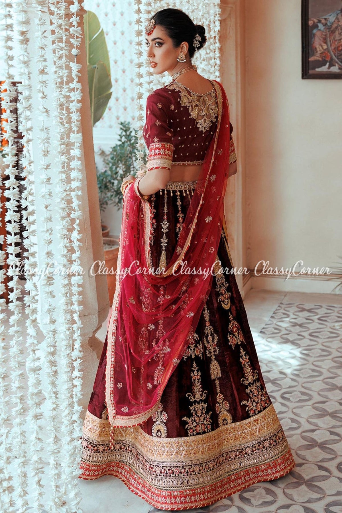 Maroon Golden Embroidered Pakistani Bridal Wear Lehenga Outfit