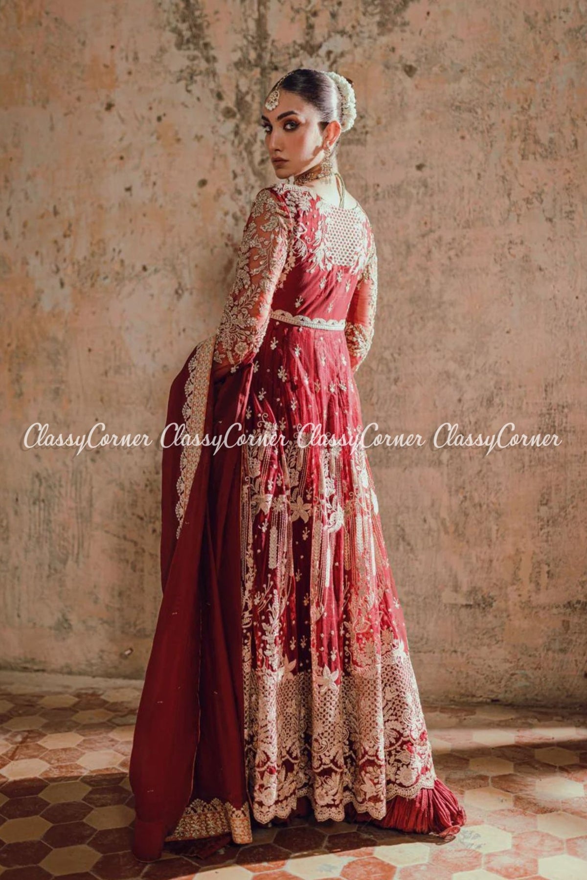 Maroon Golden Net Embellished Bridal Gown