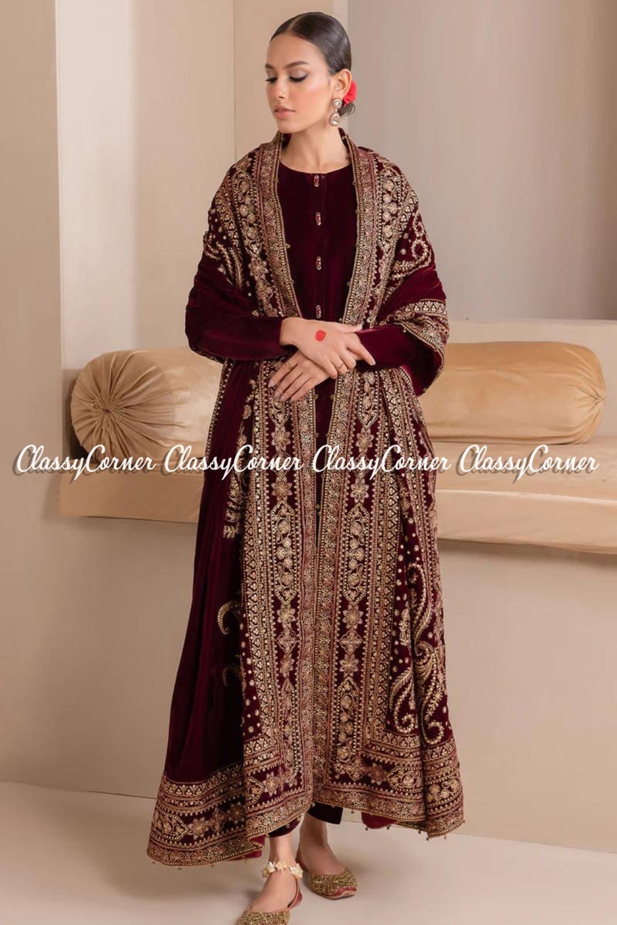 Elegant Maroon Red Golden Velvet Embroidered Shawl