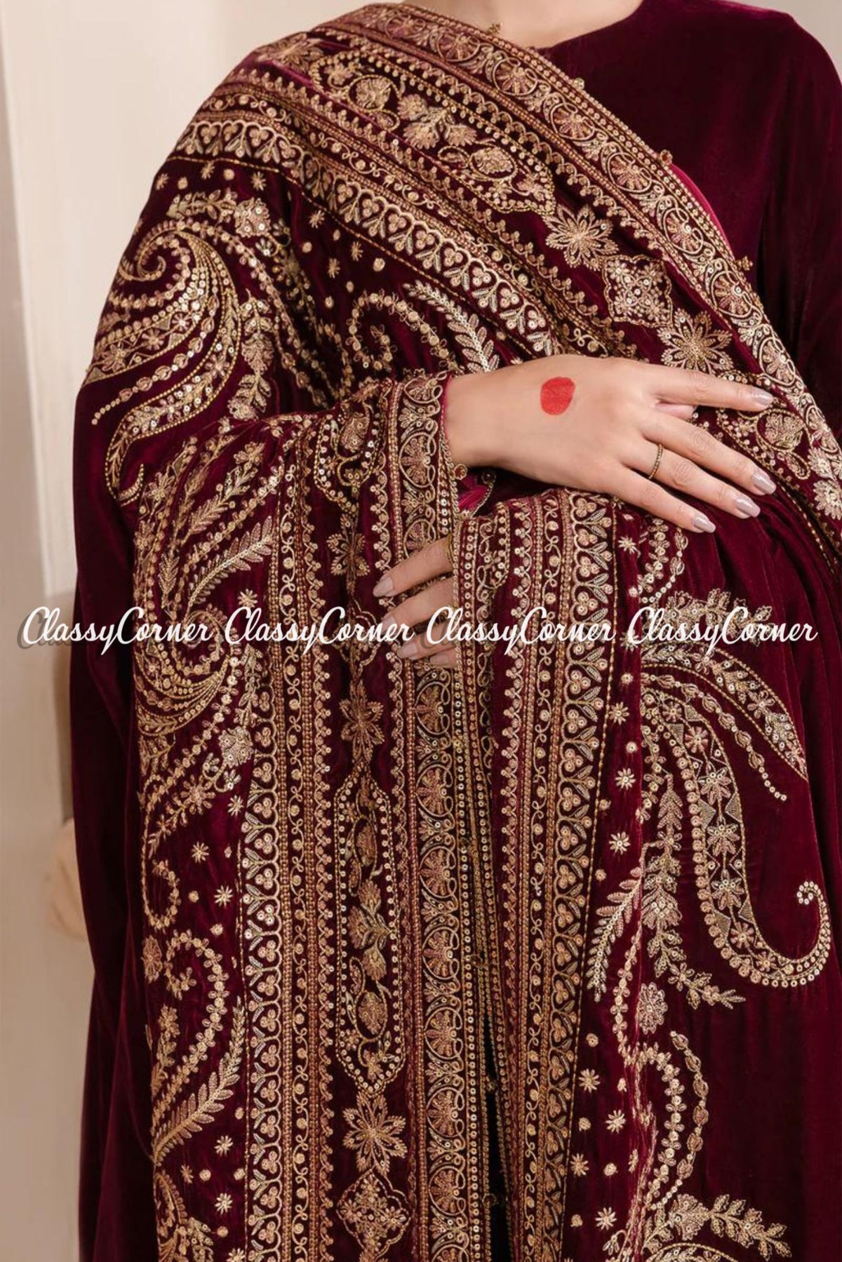 Elegant Maroon Red Golden Velvet Embroidered Shawl