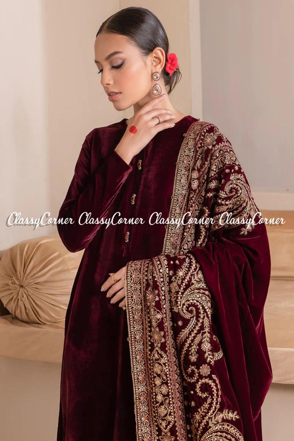 Elegant Maroon Red Golden Velvet Embroidered Shawl