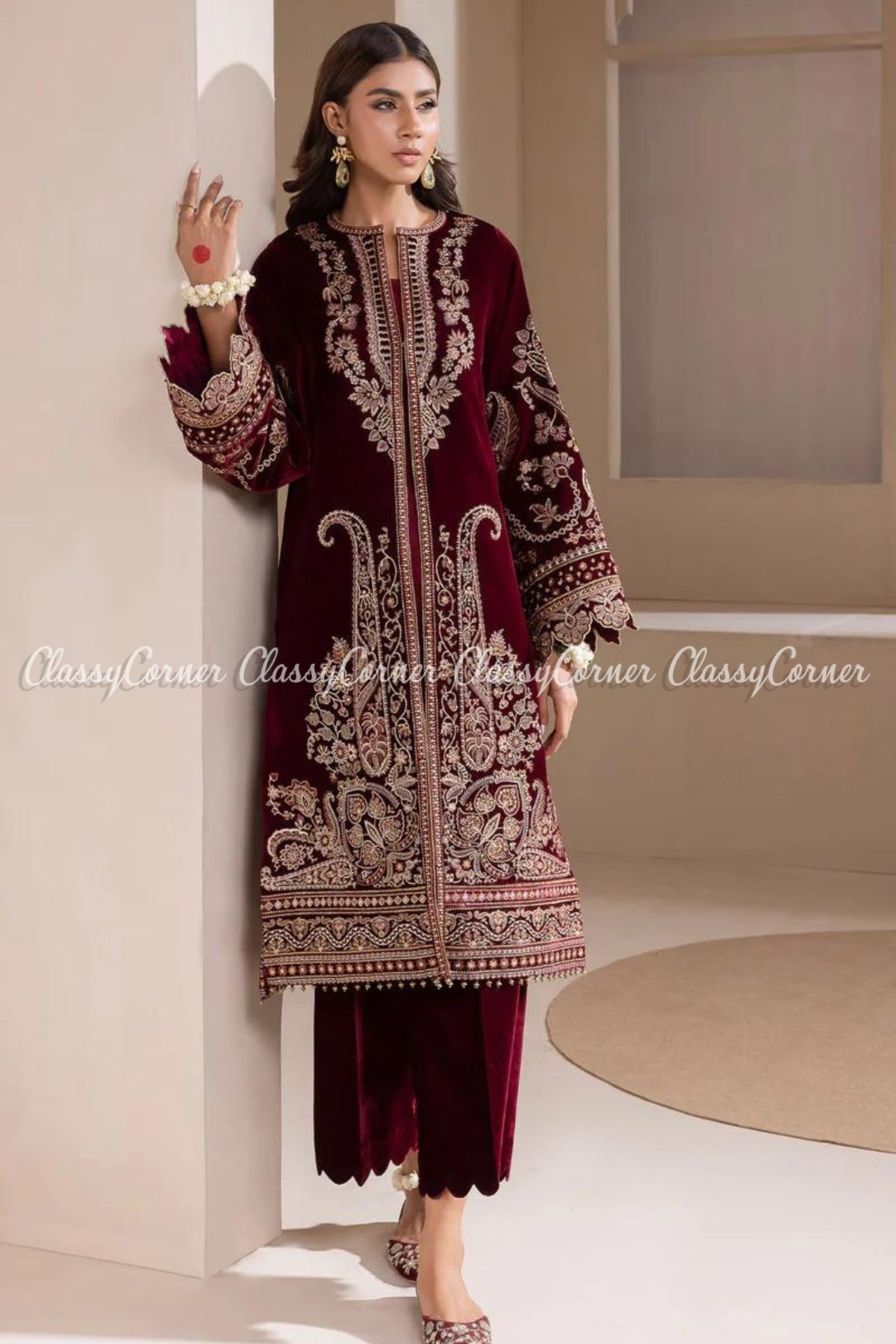 Maroon Golden Embroidered Velvet Party Wear Salwar Kameez