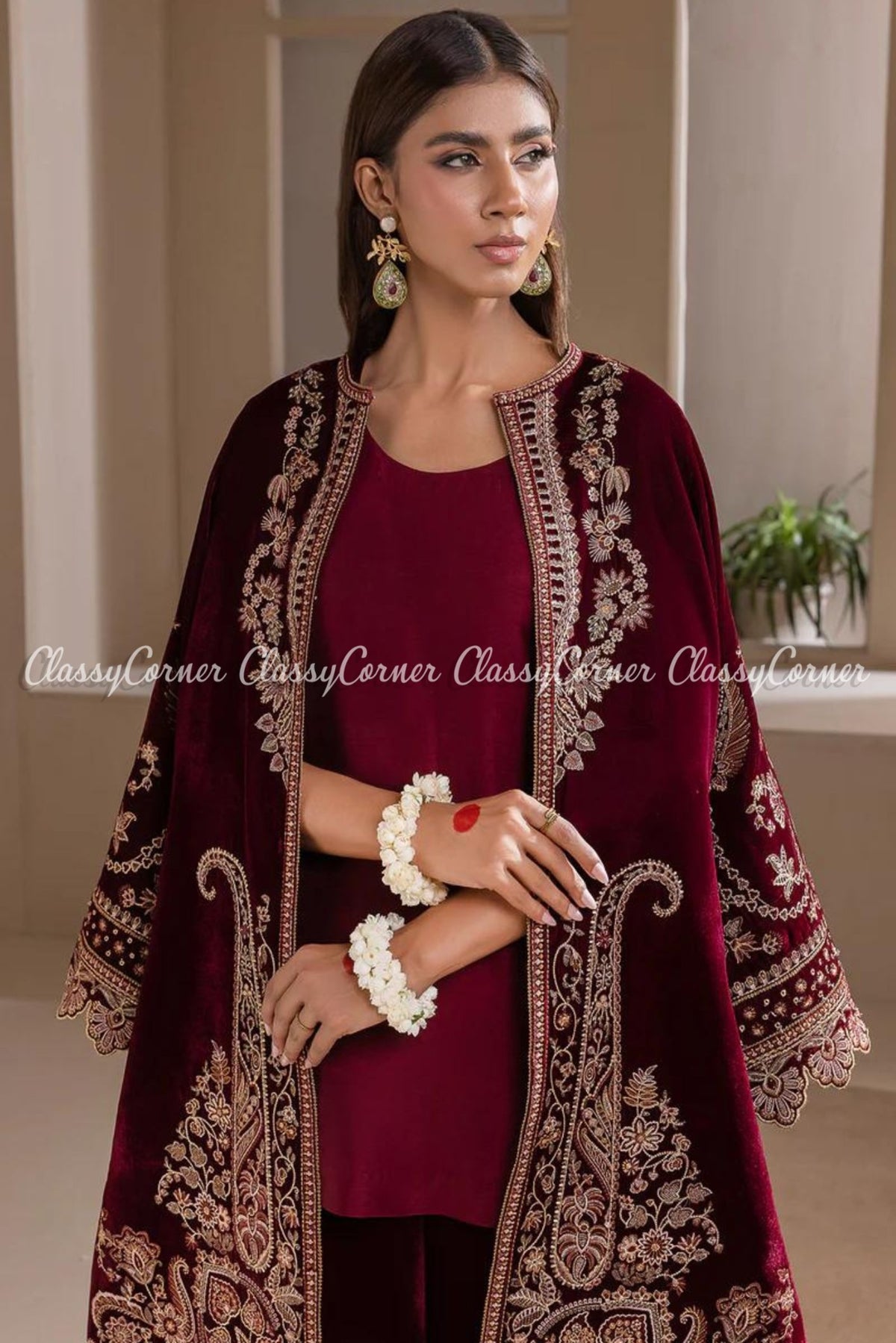 Maroon Golden Embroidered Velvet Party Wear Salwar Kameez