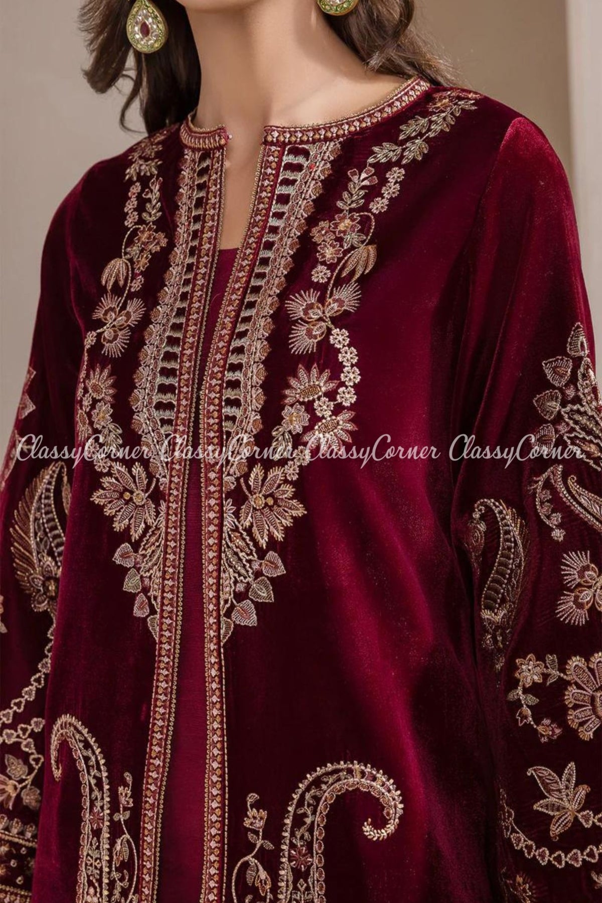 Maroon Golden Embroidered Velvet Party Wear Salwar Kameez