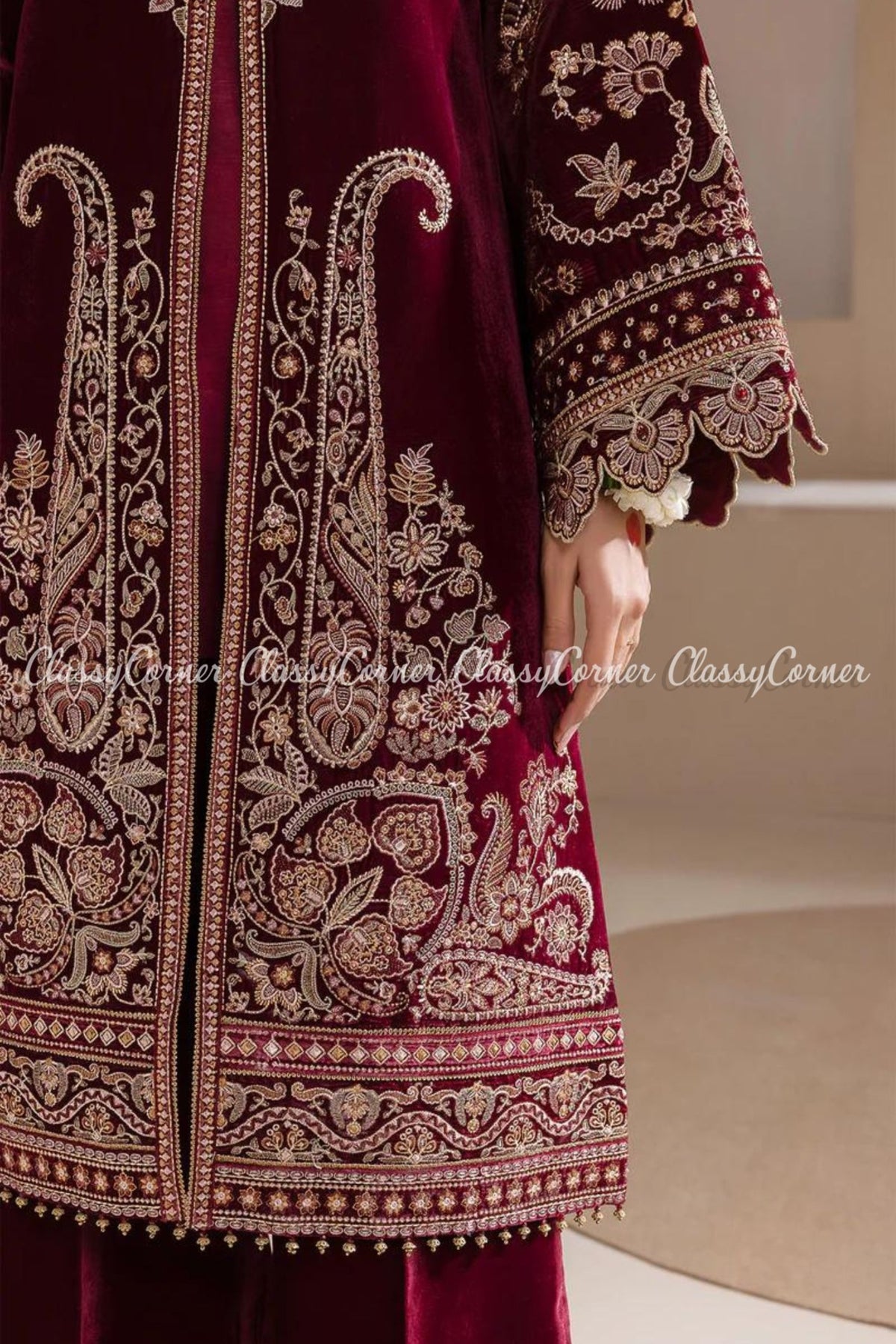 Maroon Golden Embroidered Velvet Party Wear Salwar Kameez