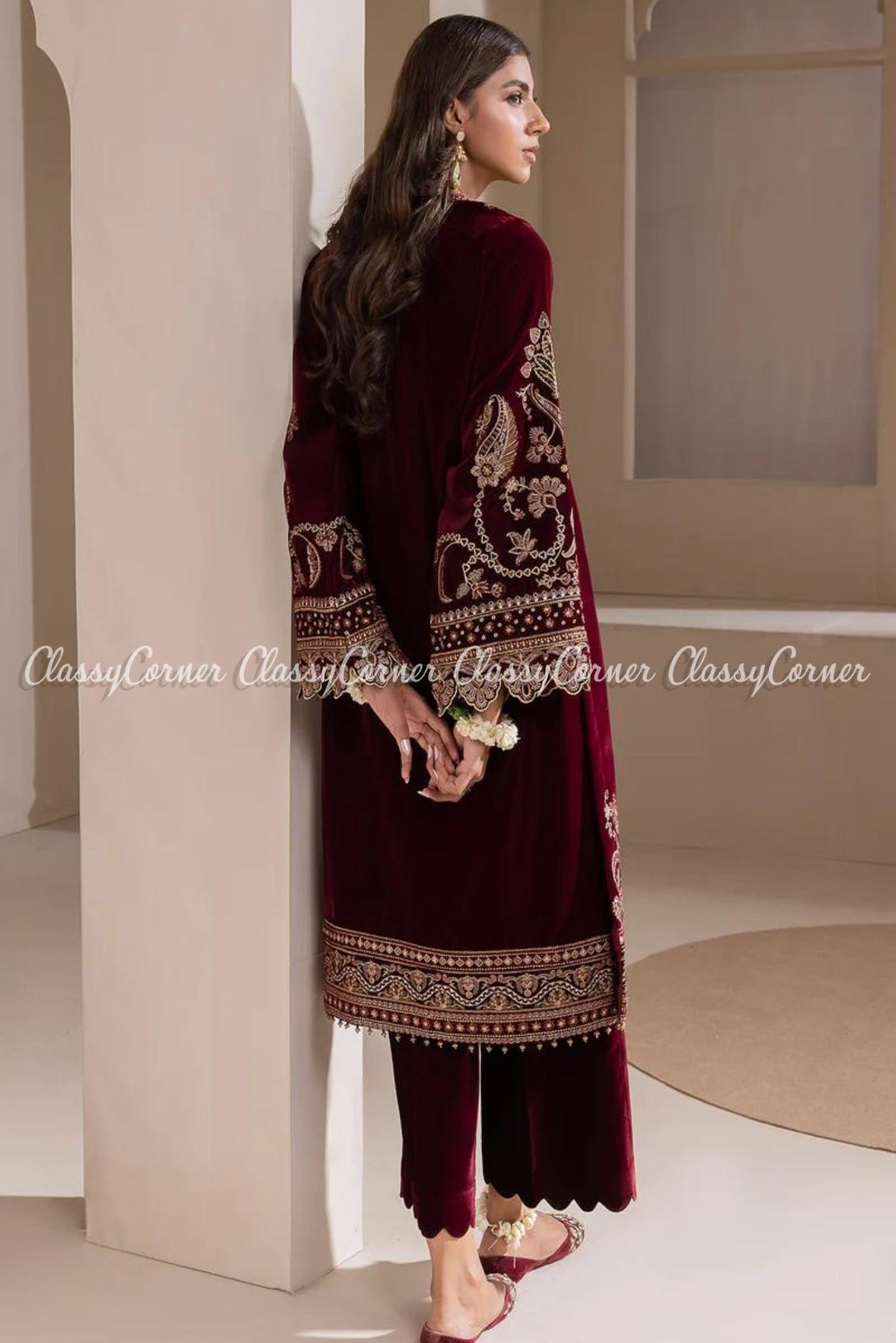 Maroon Golden Embroidered Velvet Party Wear Salwar Kameez