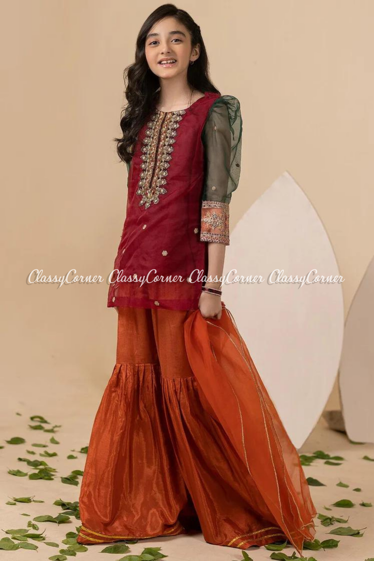 Girls Maroon Orange Organza Gharara