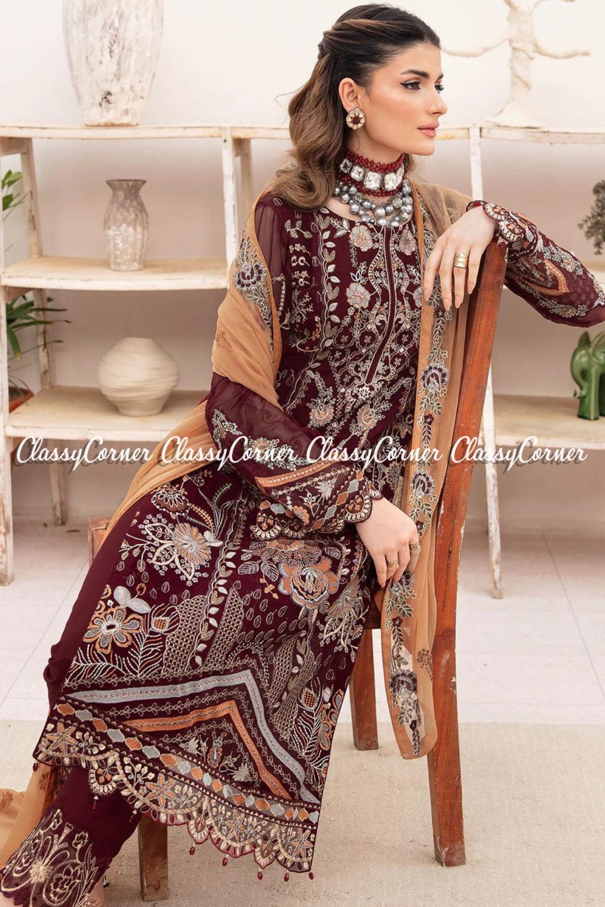 Pakistani Maroon Orange Chiffon Embroidered Formal Suit