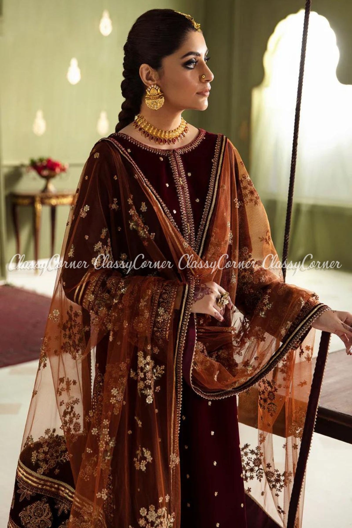 Maroon Oragne Velvet Embroidered Salwar Kameez