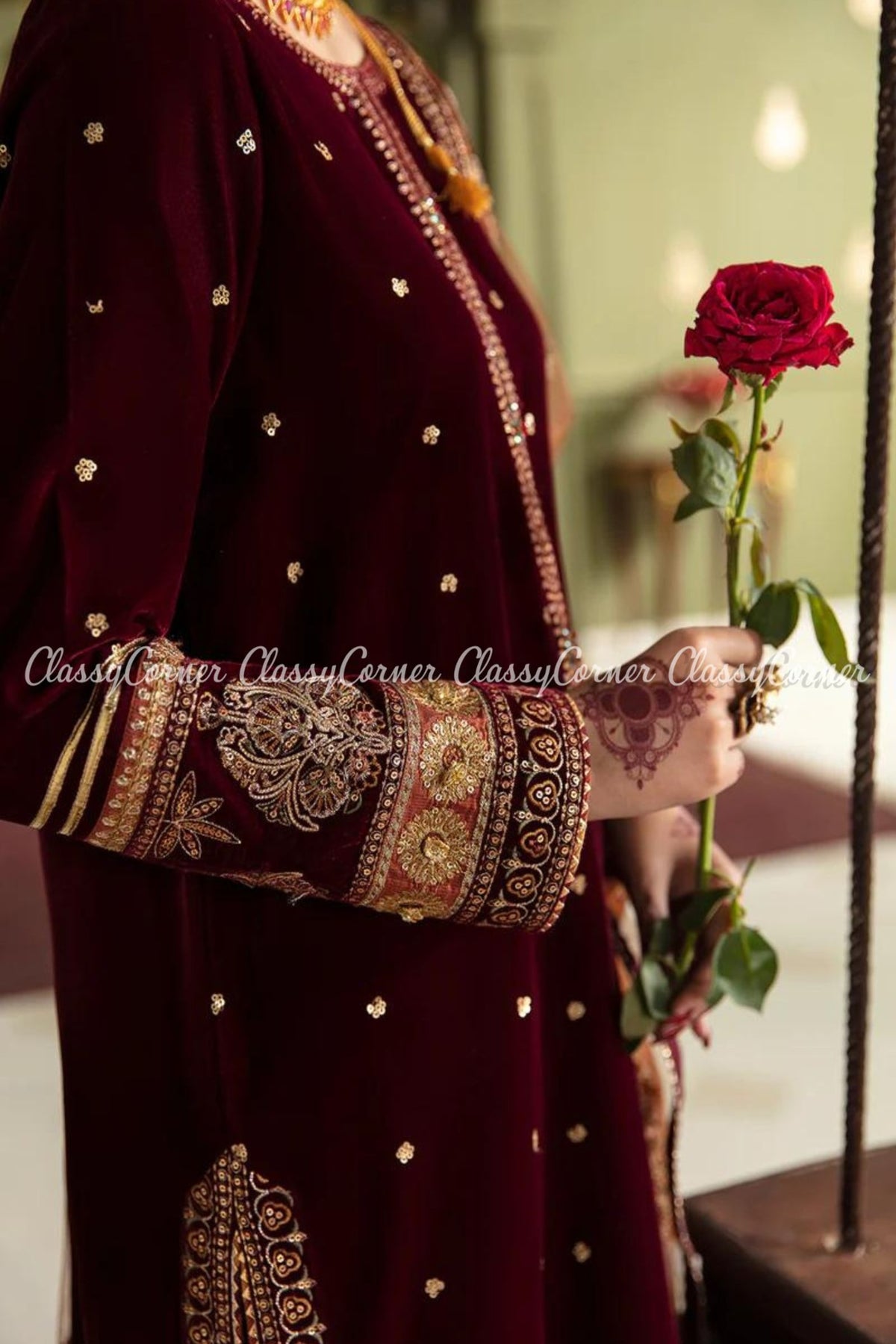 Maroon Oragne Velvet Embroidered Salwar Kameez