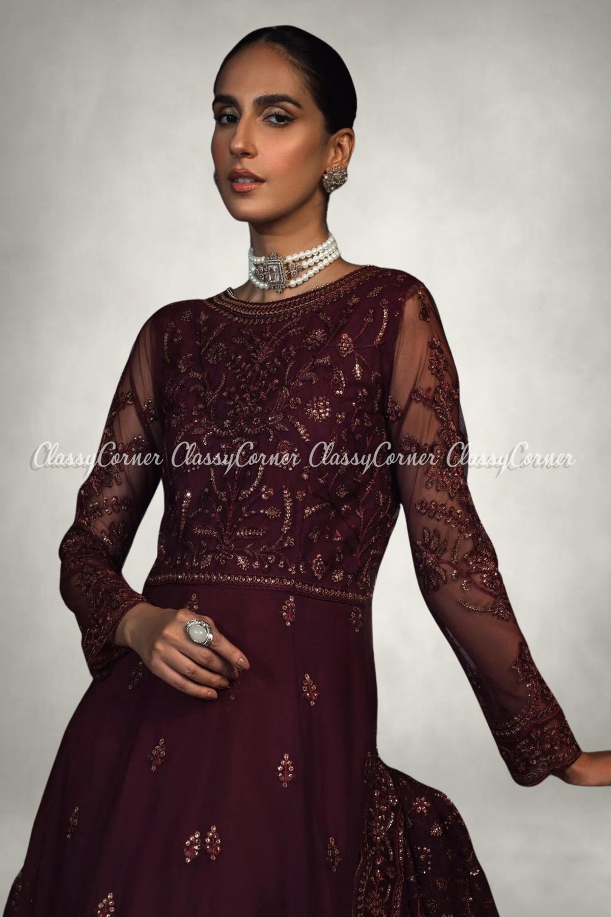 Maroon Net Embroidered Long Party Dress