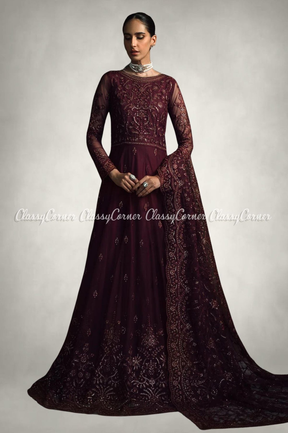 Maroon Golden Net Organza Embroidered Party Wear Outfits