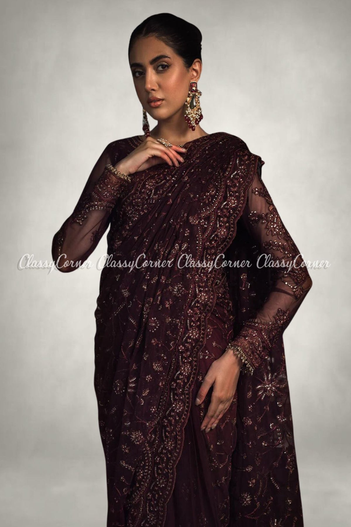 Maroon Net Embroidered Long Party Dress