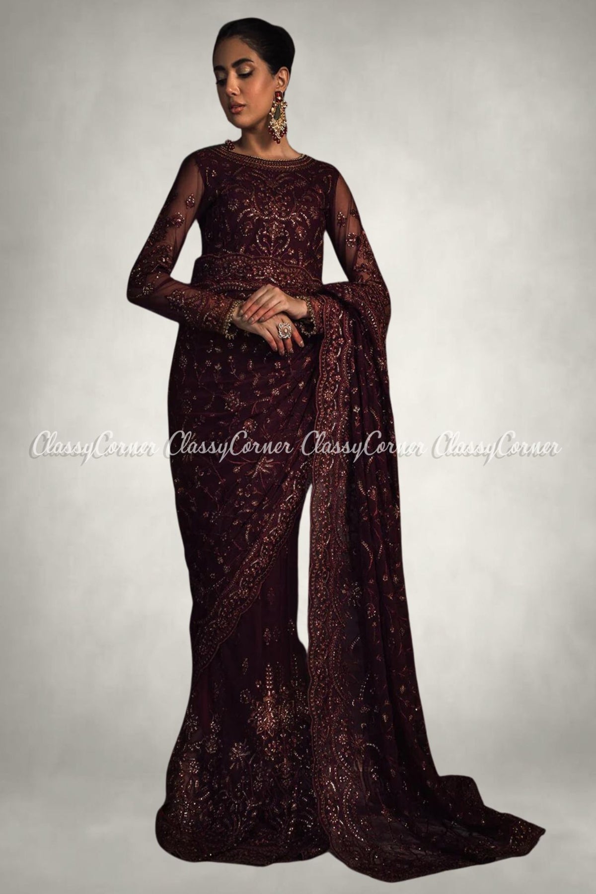 Maroon Net Embroidered Long Party Dress