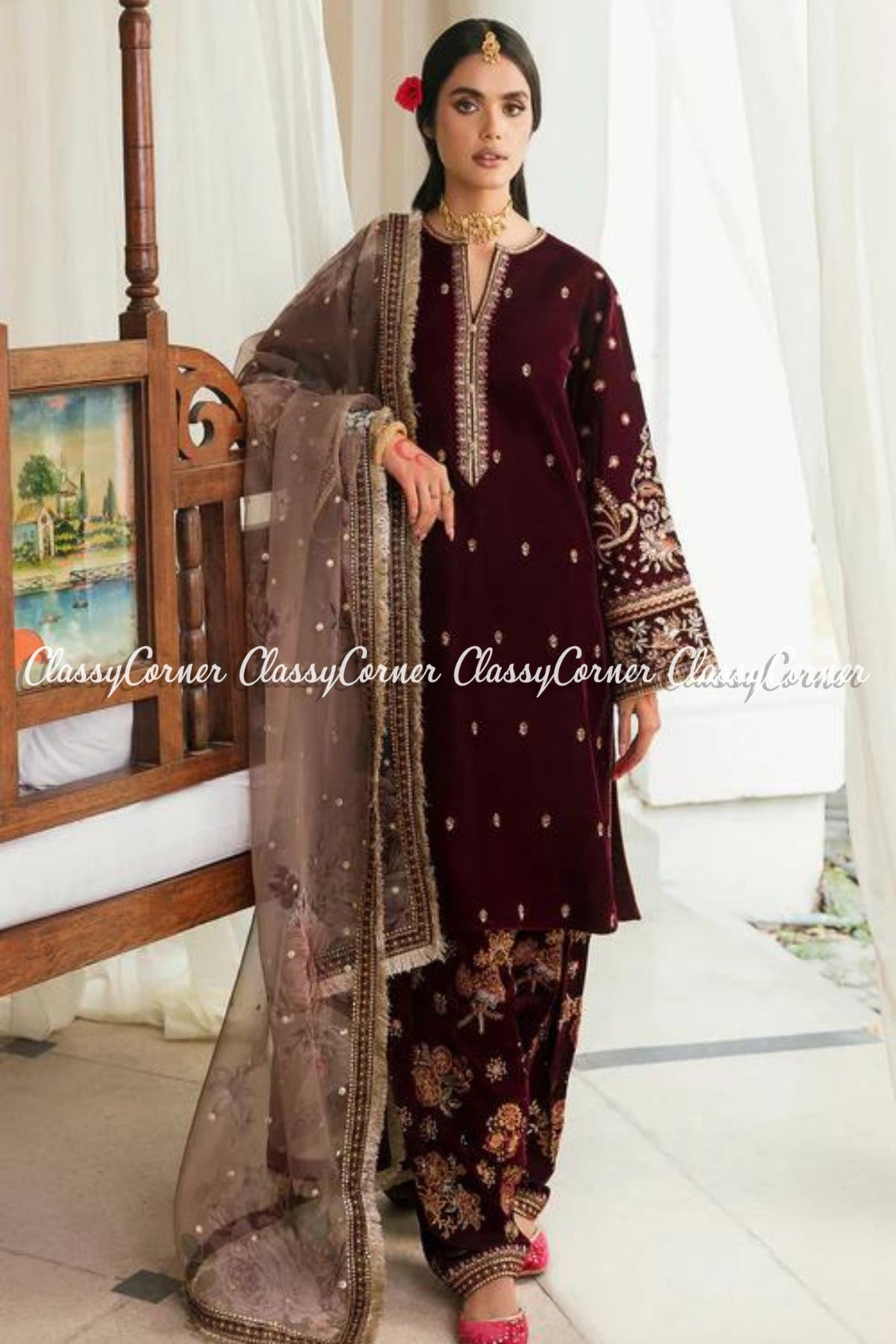 Maroon Pink Velvet Embroidered Wedding Wear Salwar Suit