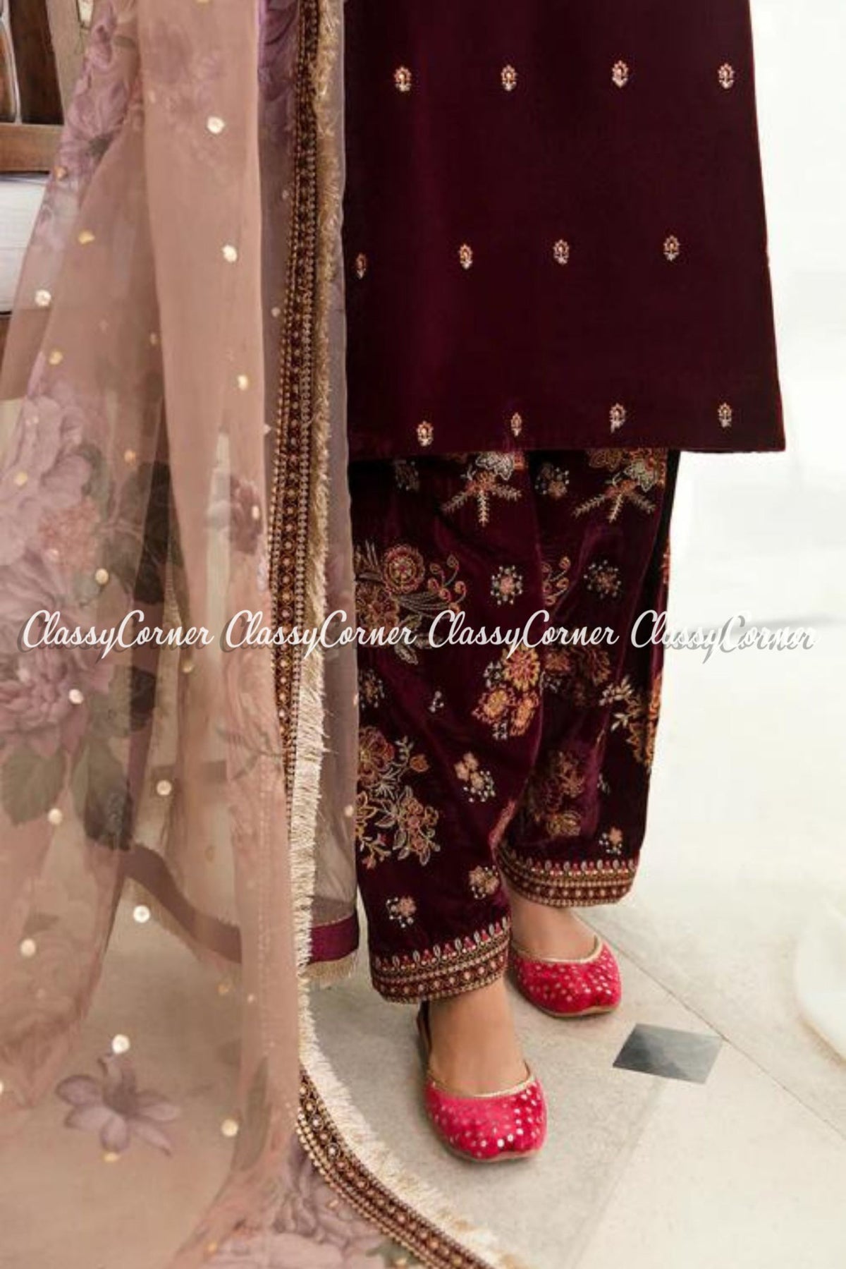 Maroon Pink Velvet Embroidered Wedding Wear Salwar Suit