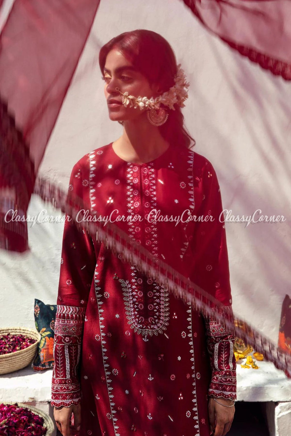 Maroon Red Lawn Embroidered Formal Wear Salwar Kameez