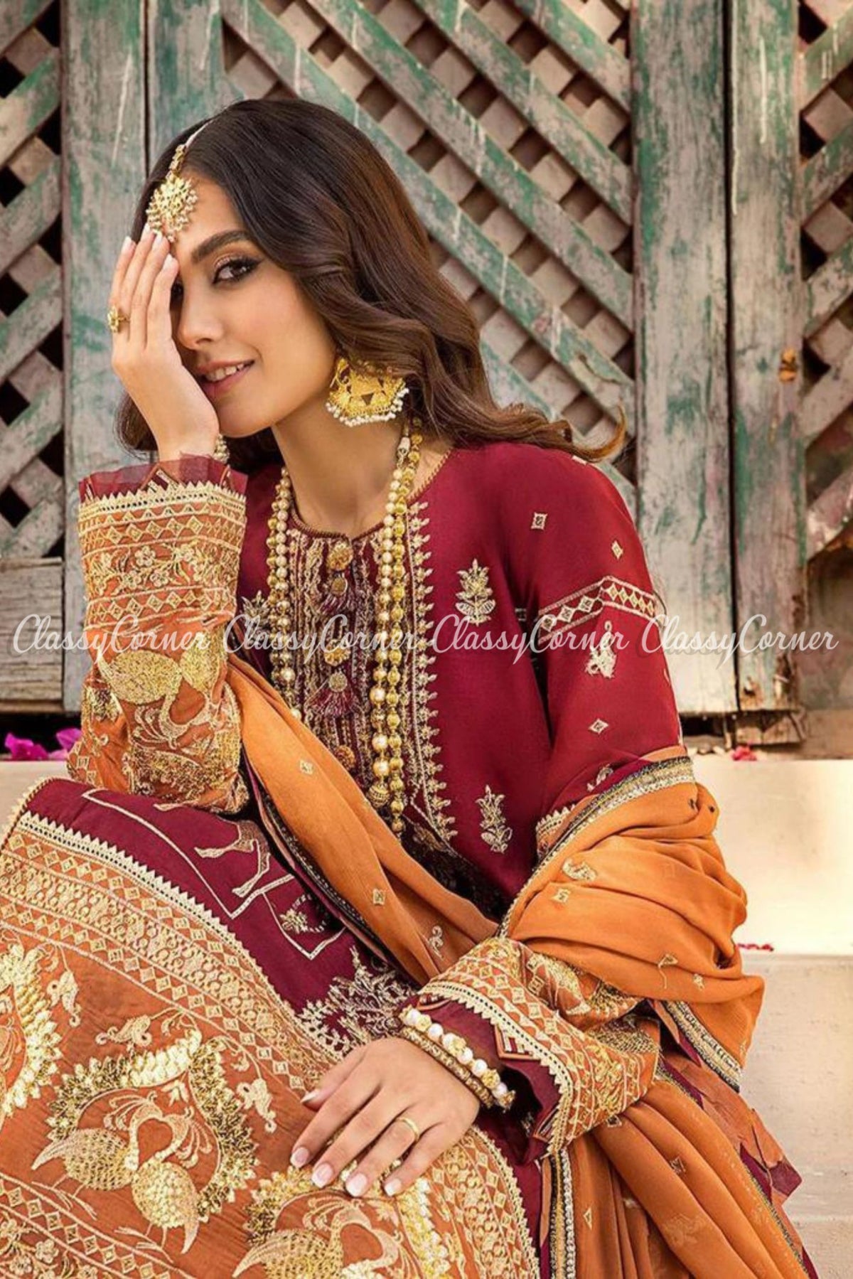 Maroon Rust Lawn Embroidered Formal Wear Sharara Dress