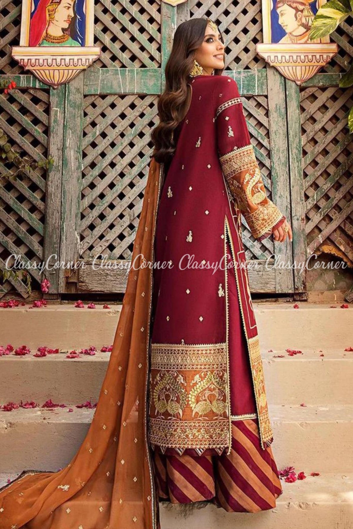 Maroon Rust Lawn Embroidered Formal Wear Sharara Dress