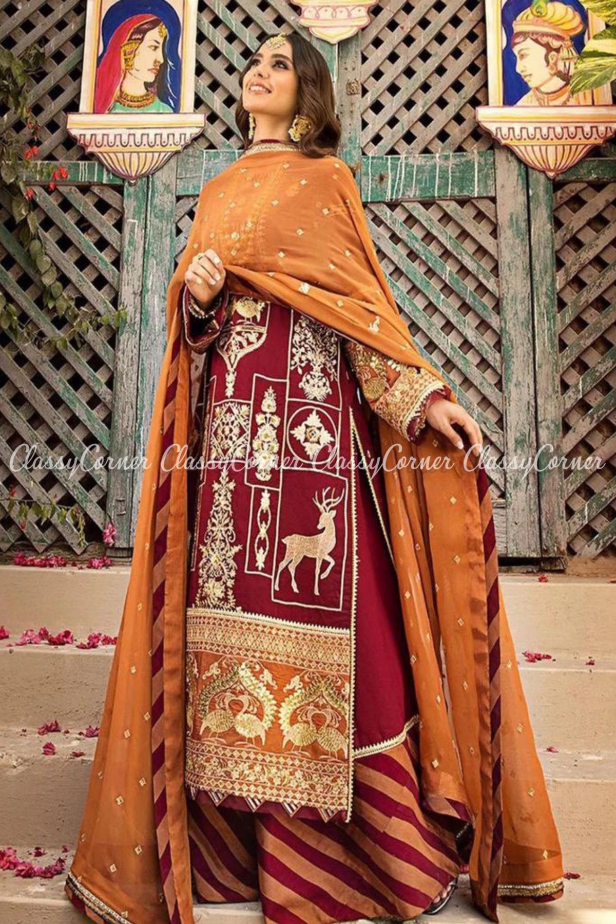 Maroon Rust Lawn Embroidered Formal Wear Sharara Dress