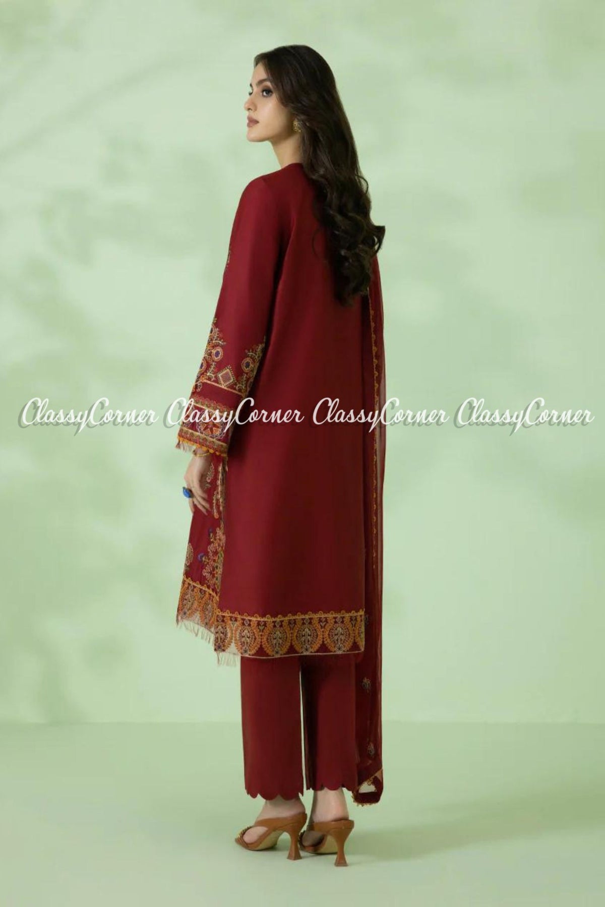 Maroon Multicolor Lawn Embroidered Formal Wear Dress