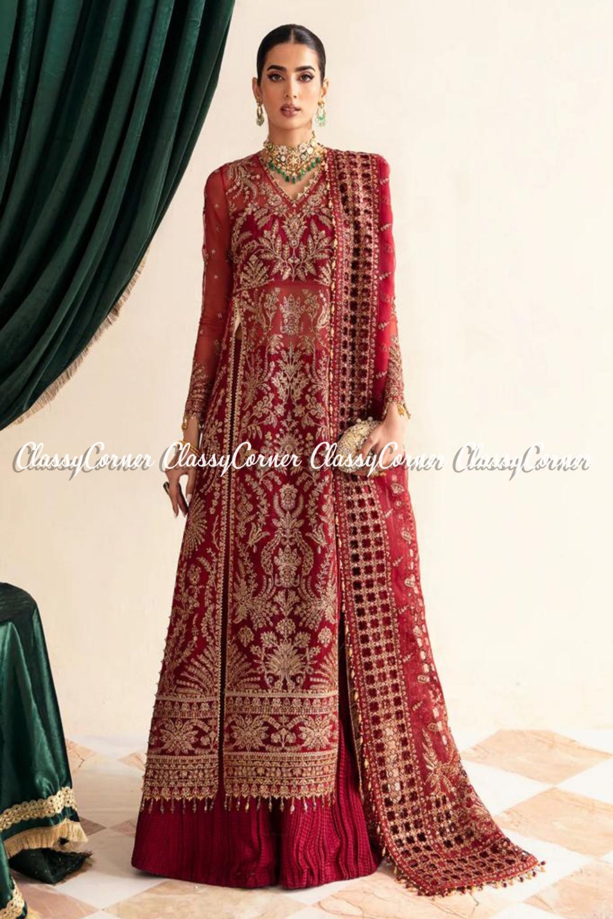 Maroon Golden Organza Embroidered Party Wear Outfit